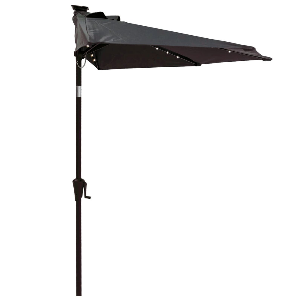 C-Hopetree front view half-round umbrella showing compact wall-facing design and shaded table benefit