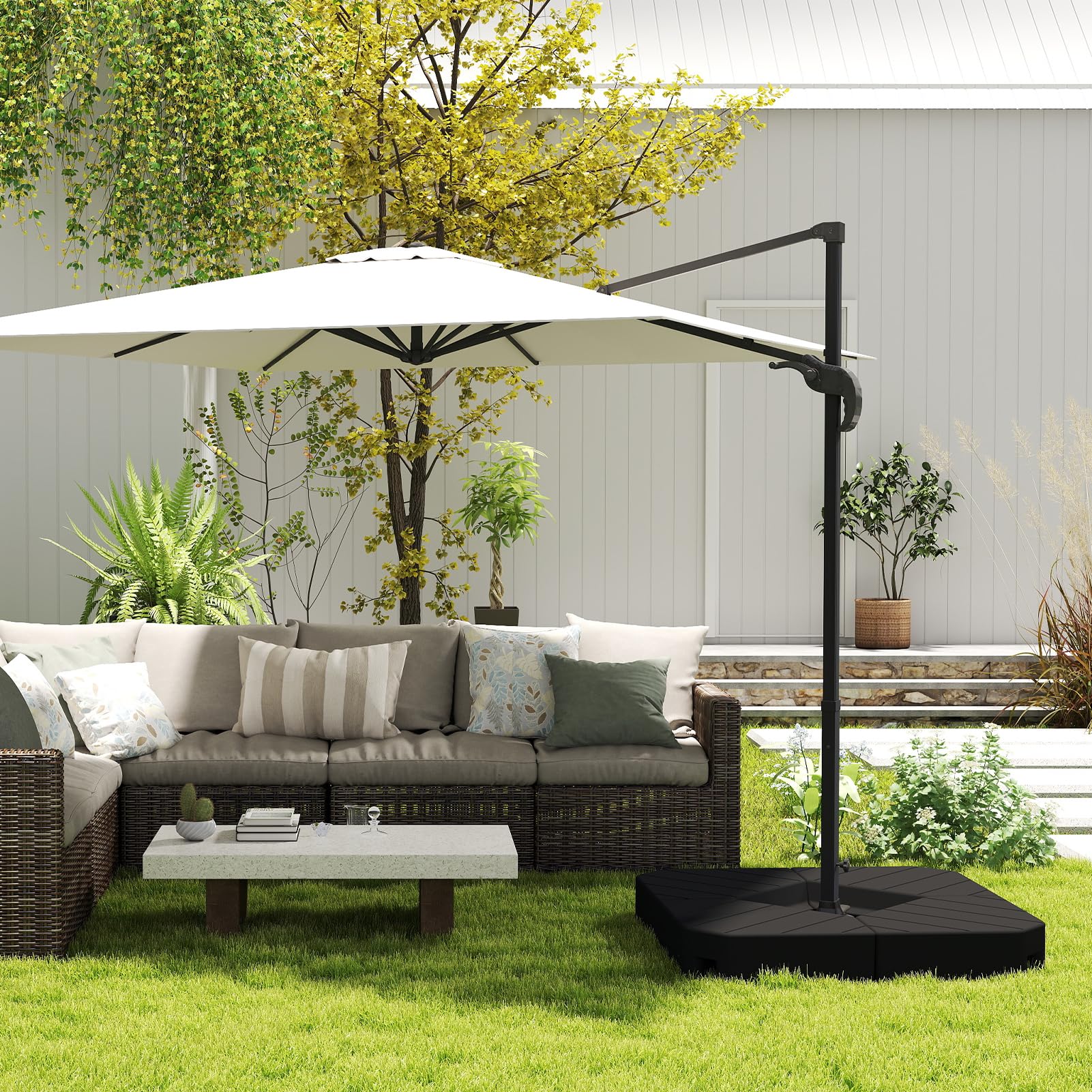 C-Hopetree base weights stabilizing an offset cantilever umbrella outdoors