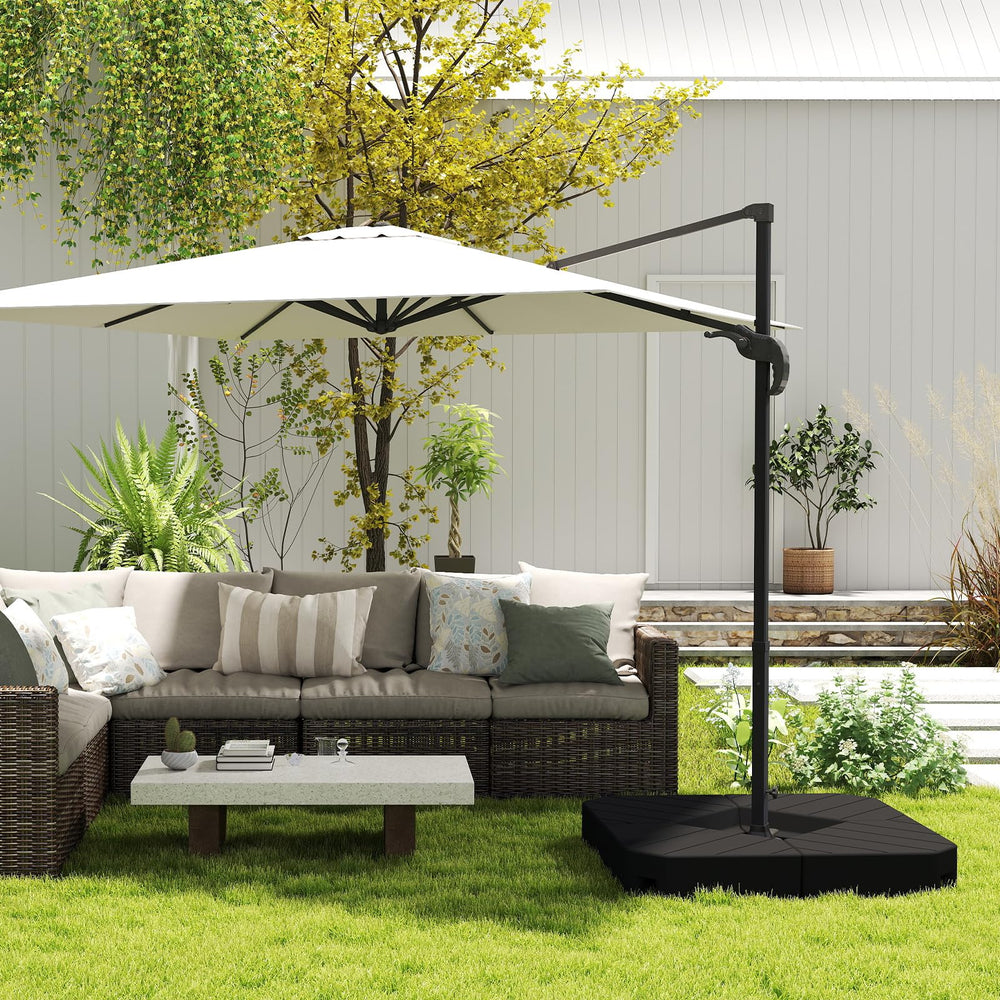C-Hopetree base weights stabilizing an offset cantilever umbrella outdoors