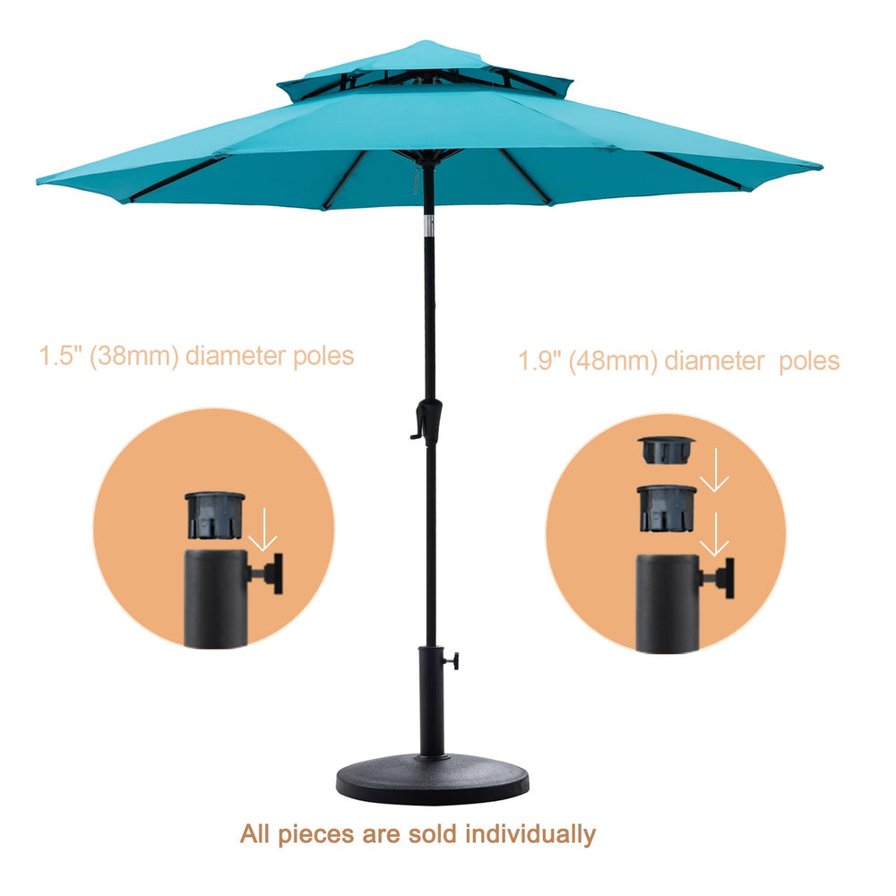 C-Hopetree umbrella base in use on patio stabilizing large market umbrella and seating