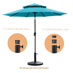 C-Hopetree umbrella base in use on patio stabilizing large market umbrella and seating