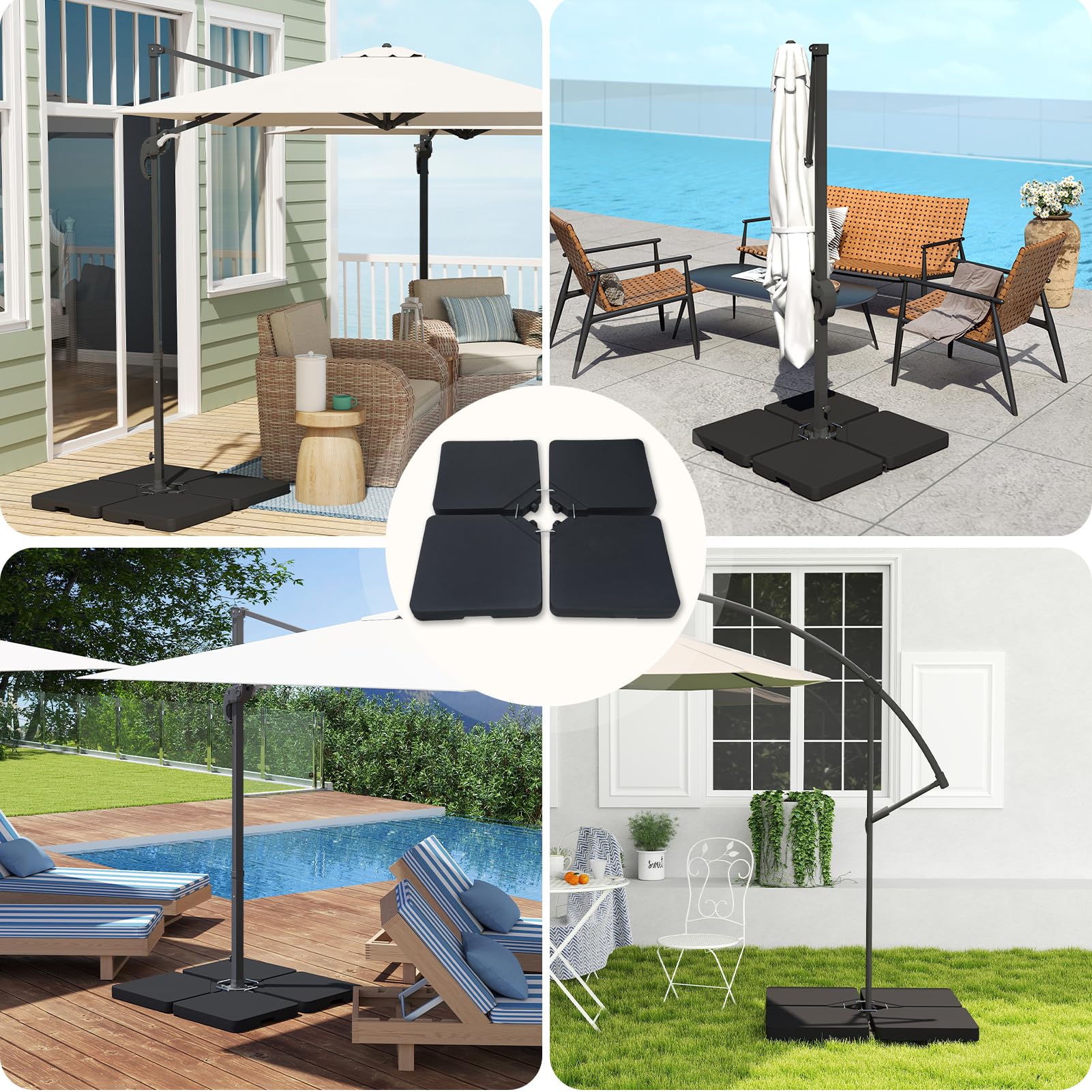 C-Hopetree weights under offset umbrella by pool showing reliable outdoor anchoring