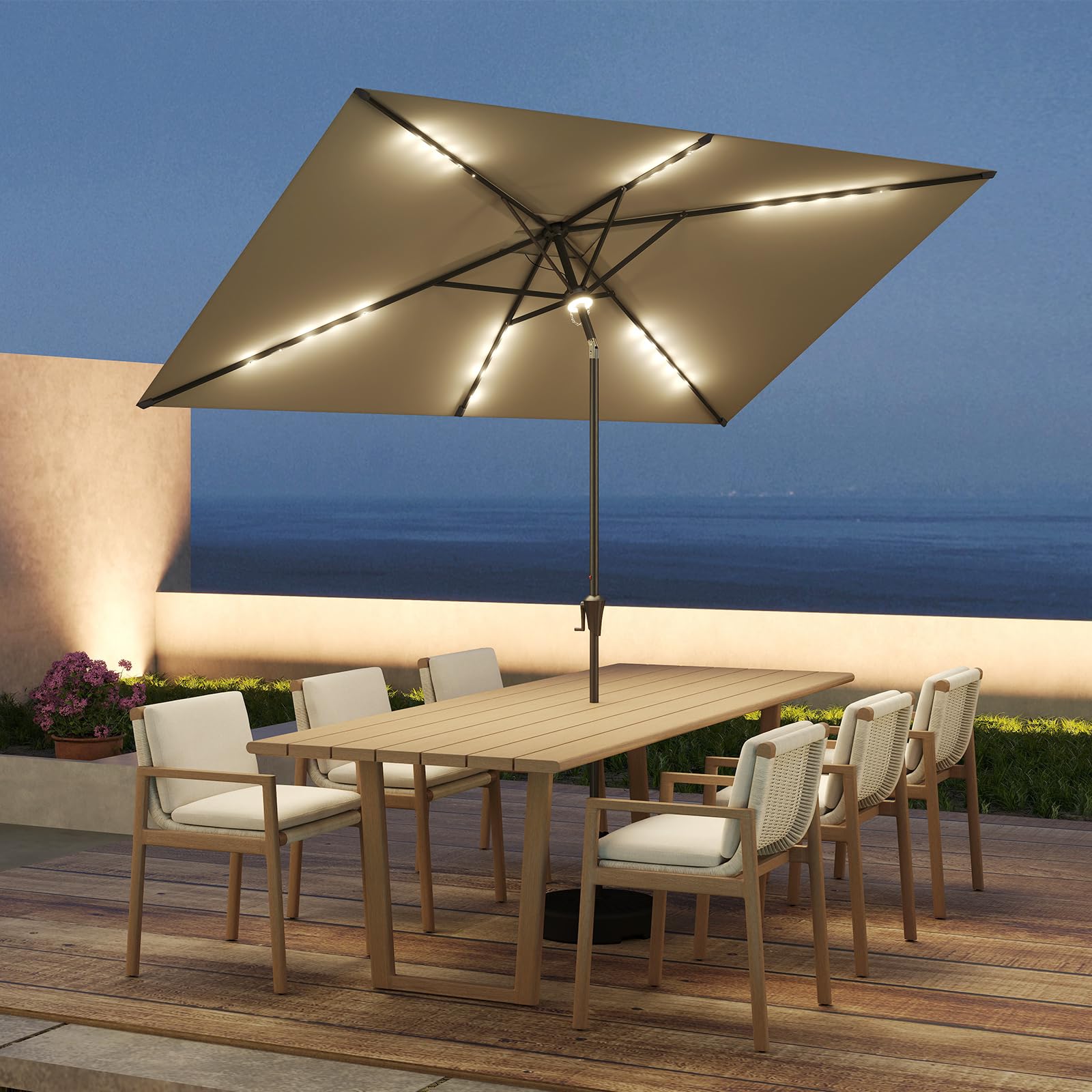 C-Hopetree umbrella next to 6–8 seat table showing coverage and scale
