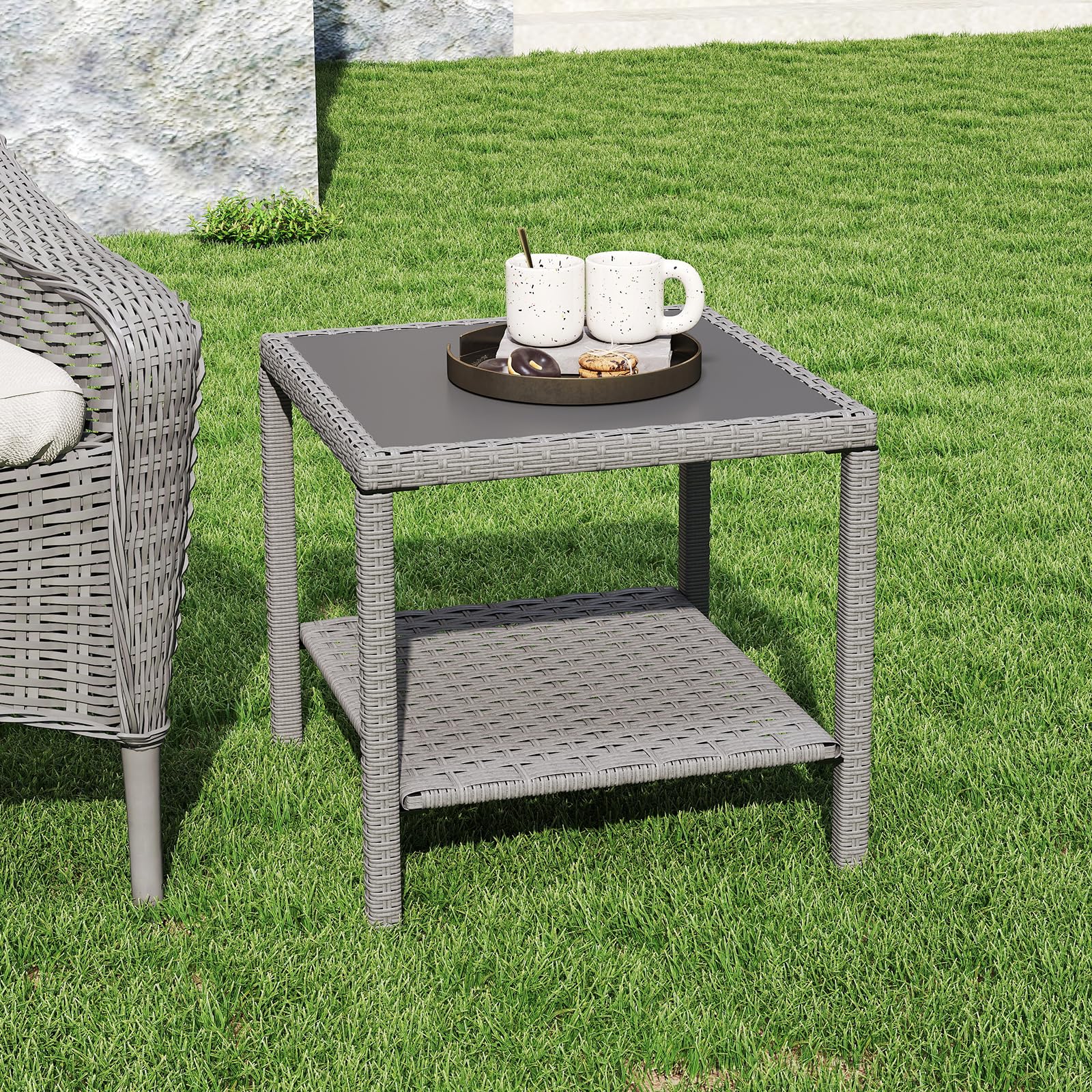 C-Hopetree table beside chair for scale showing space-saving outdoor use