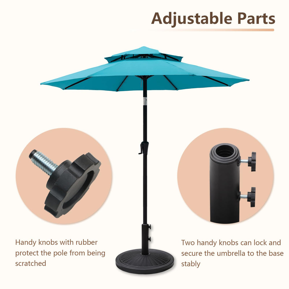 C-Hopetree base with umbrella through table illustrating practical use