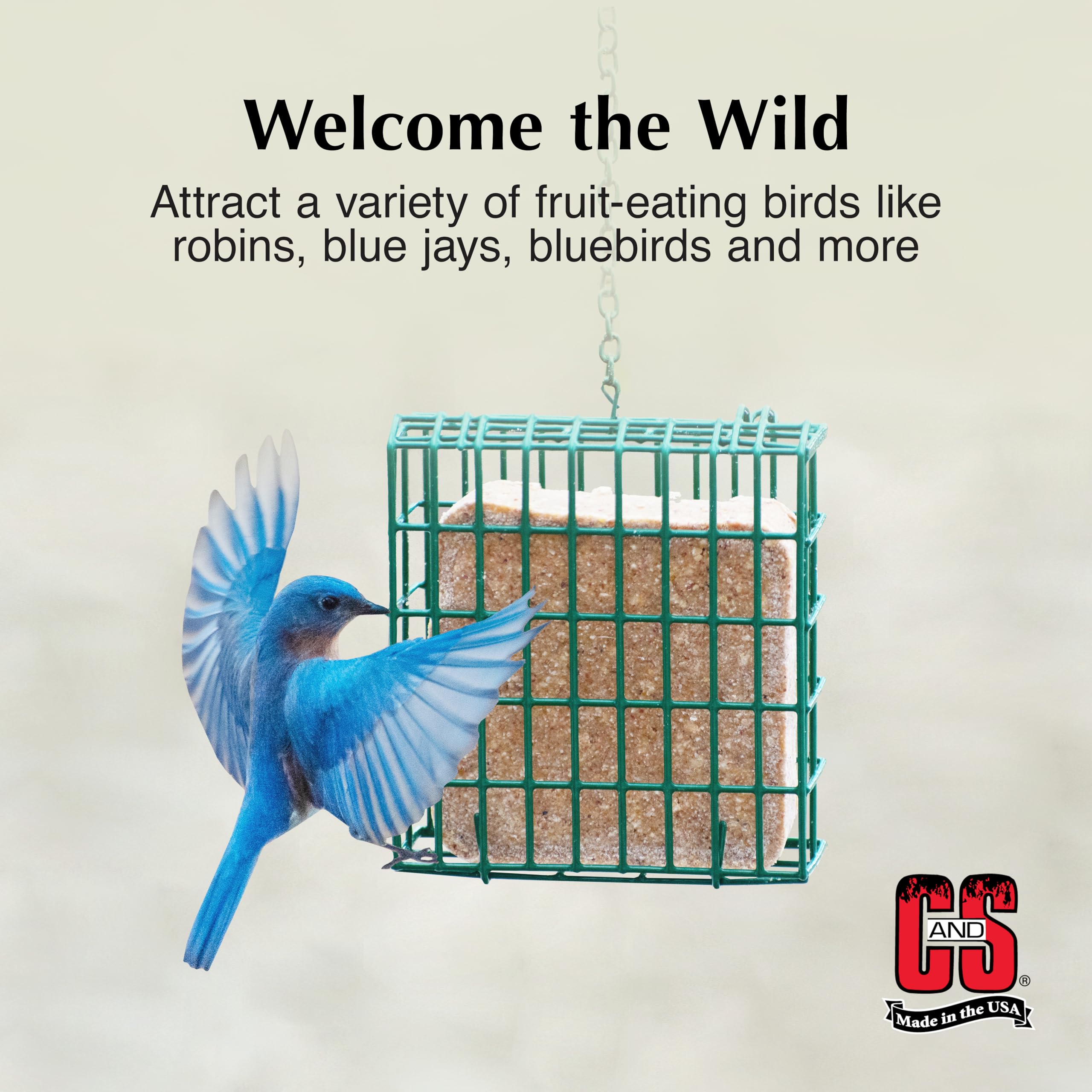 C&S suet cake placed in wire feeder demonstrating easy mounting and access