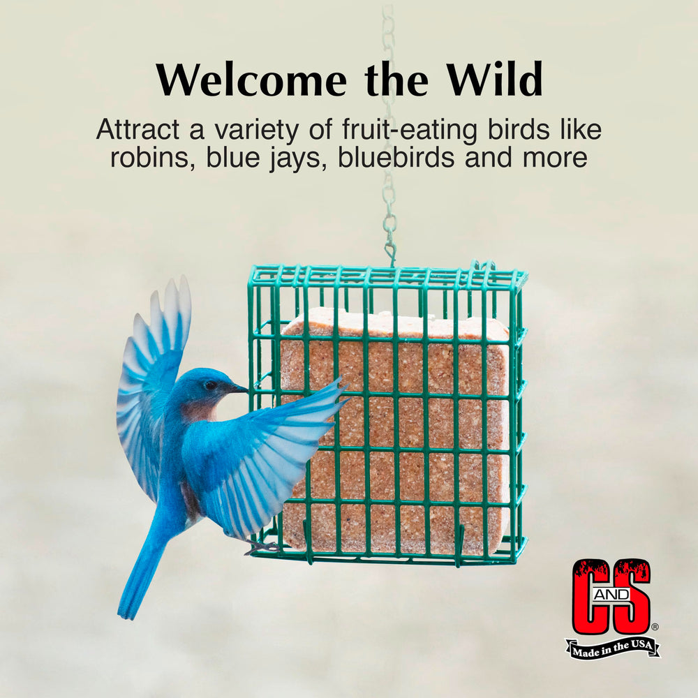 C&S suet cake placed in wire feeder demonstrating easy mounting and access