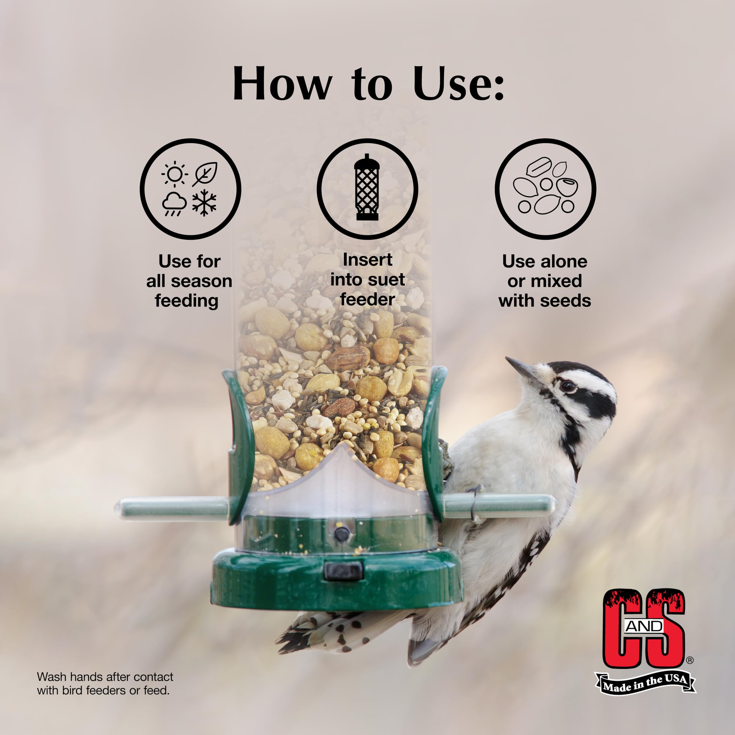 C&S peanut nuggets in a wire nugget feeder attracting birds
