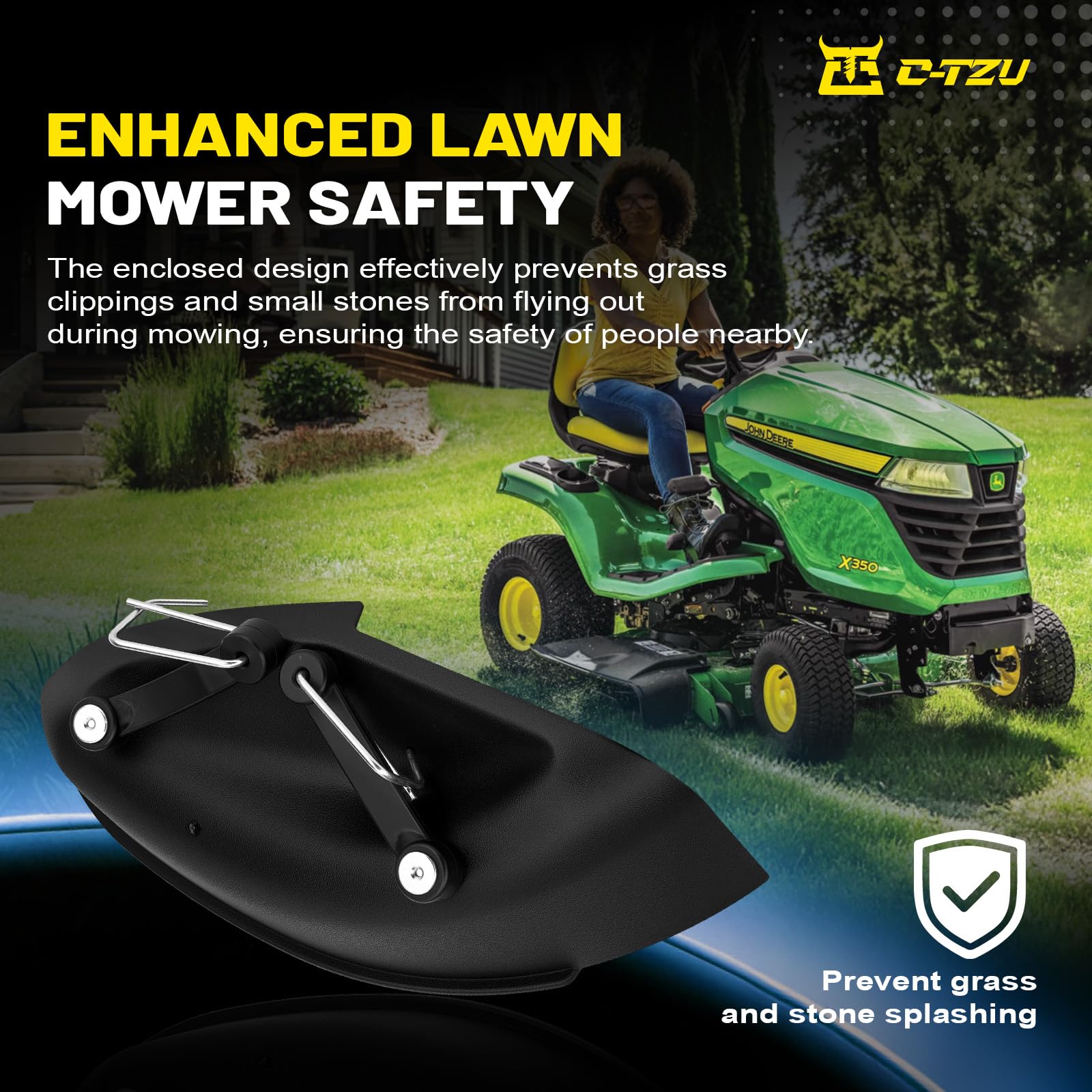 C-Tzu mulching cover mounted on a John Deere deck showing proper fit and restored mulching benefit