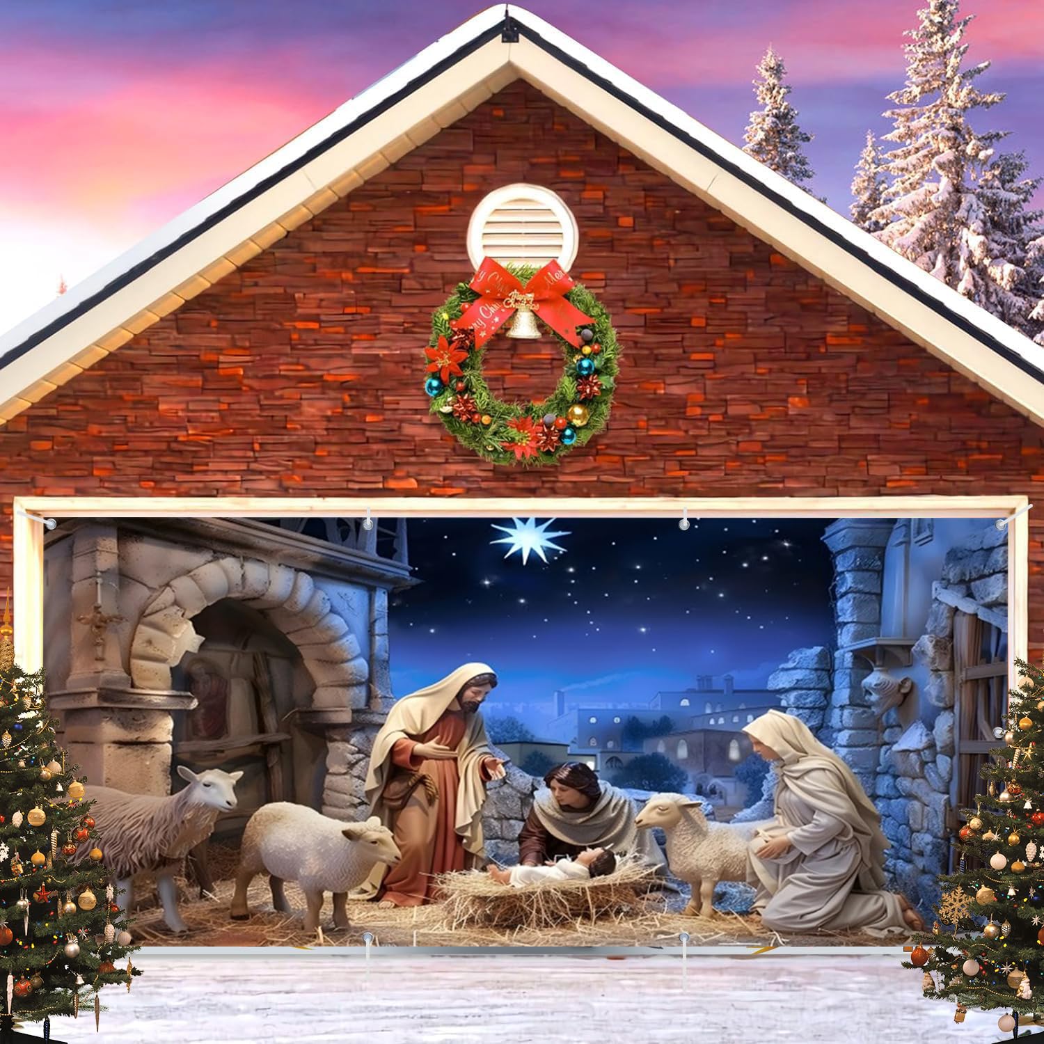 Caaerttply front view banner showing full Nativity scene, enhances curbside holiday display