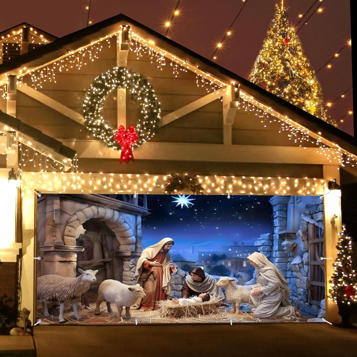 Caaerttply banner installed on a two-car garage, provides instant festive transformation