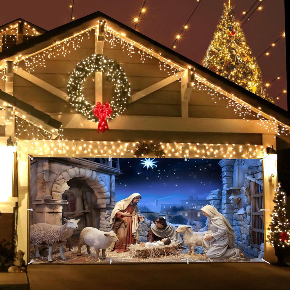 Caaerttply banner installed on a two-car garage, provides instant festive transformation