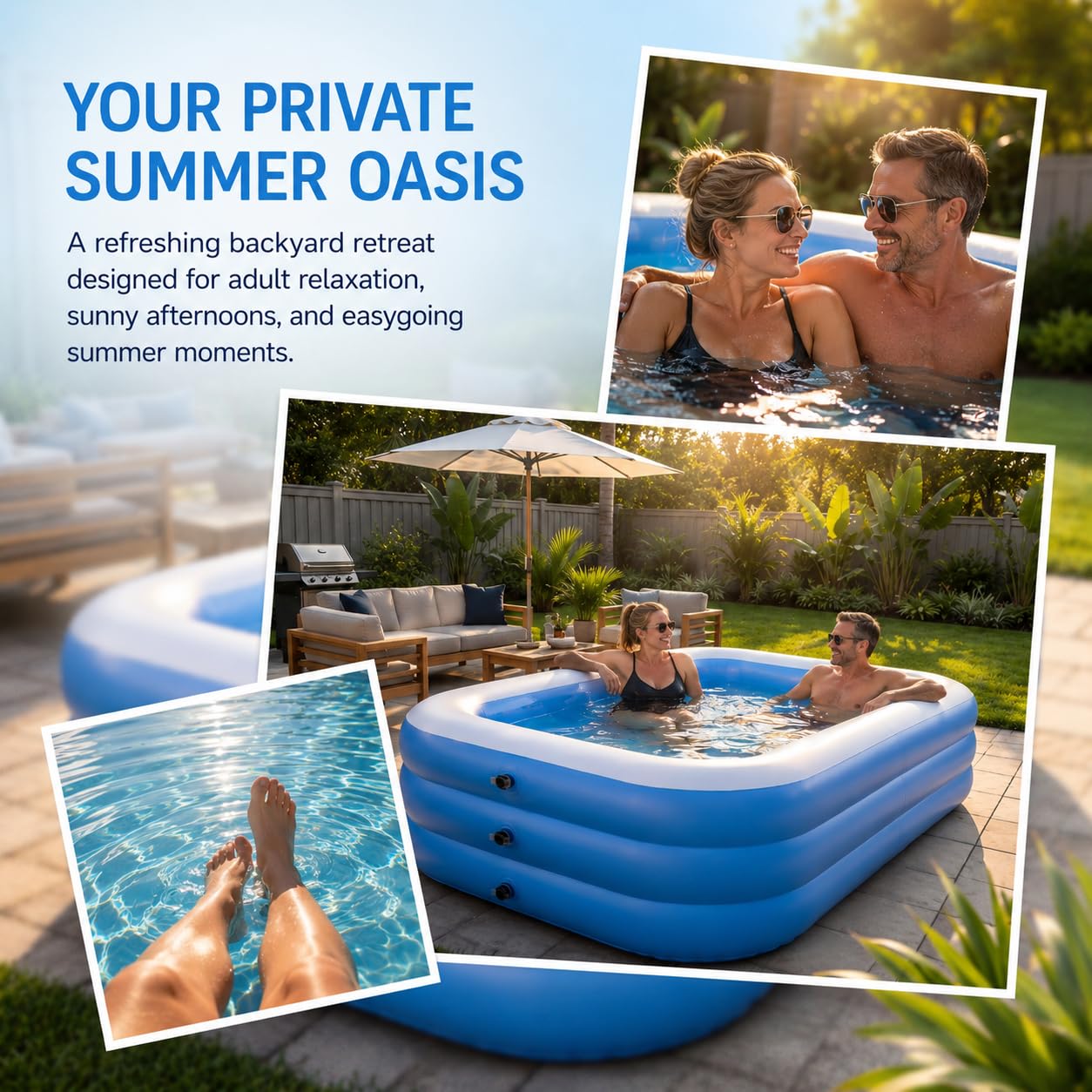 Caapbala side profile of fully inflated pool demonstrating stable walls and generous depth