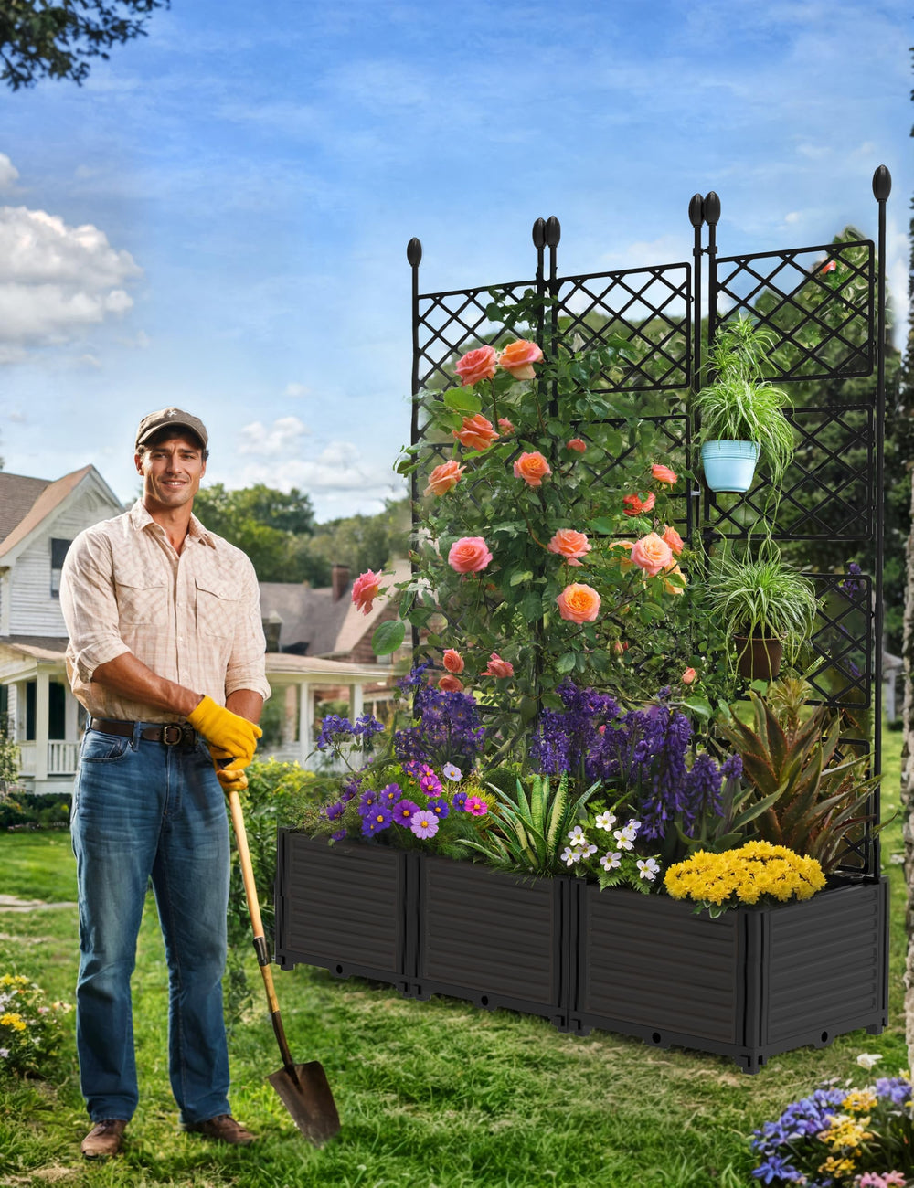 CABIHOME front view showing full planter and trellis, enhances patio privacy