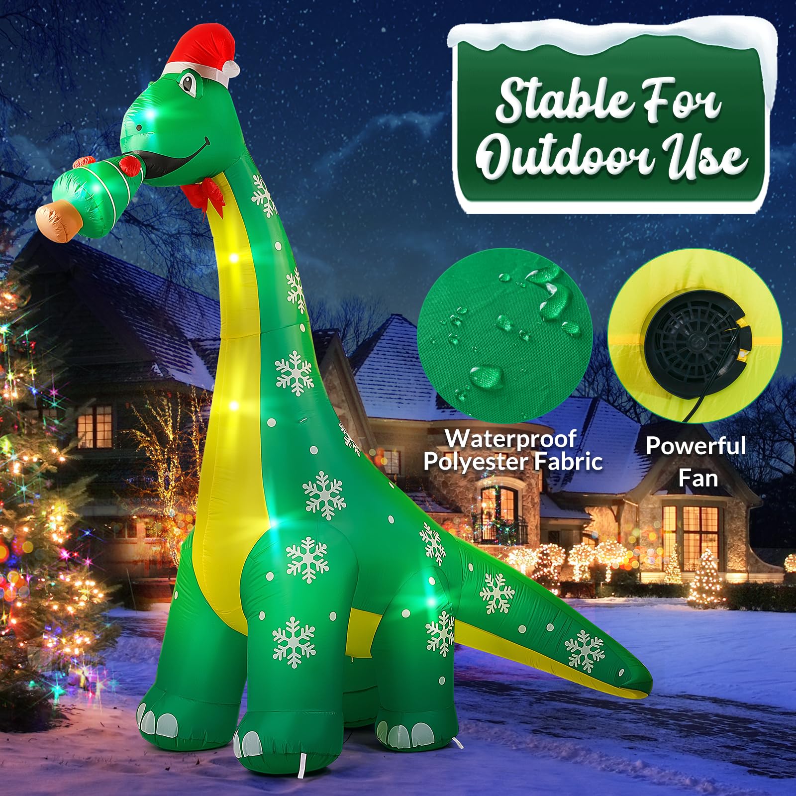 CACIRAL lawn display at night with LEDs creating a standout holiday focal point