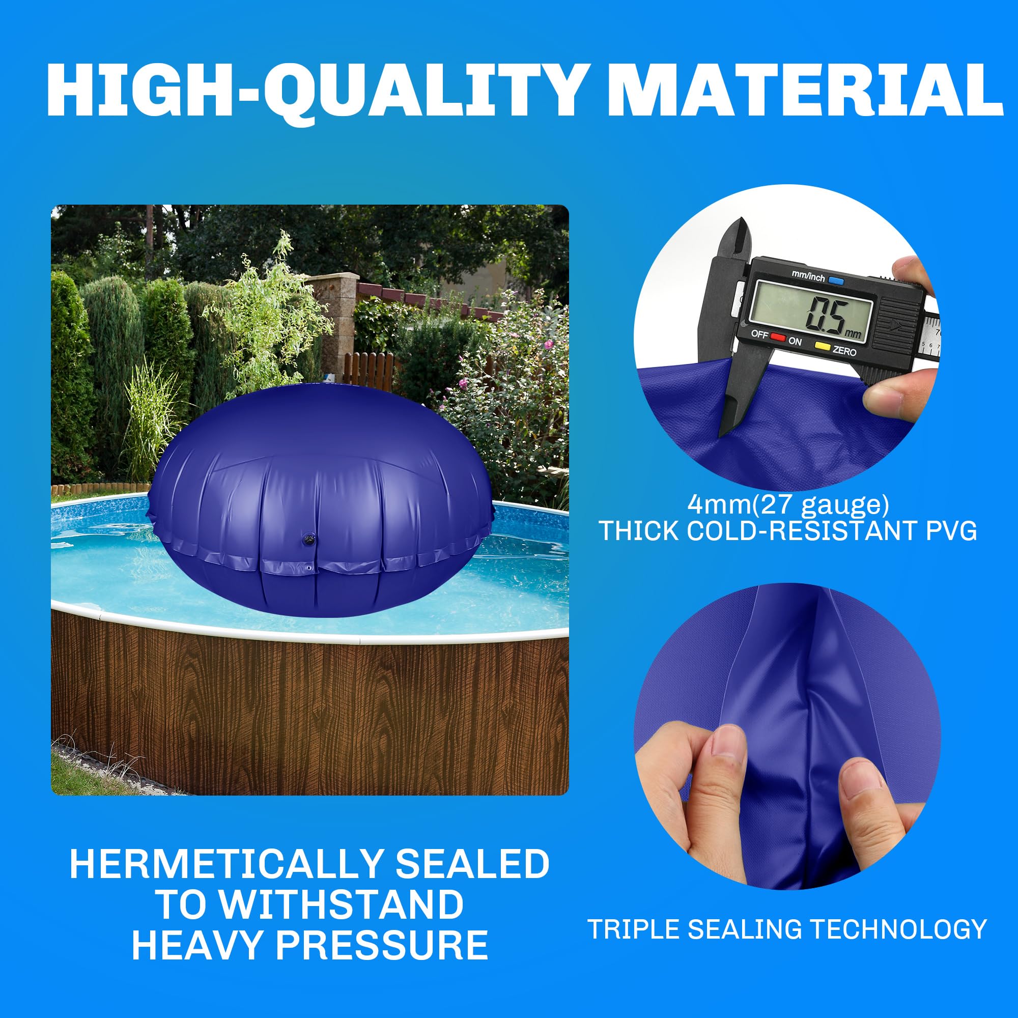 CACSPS pillow under winter cover on backyard pool illustrating debris control benefit
