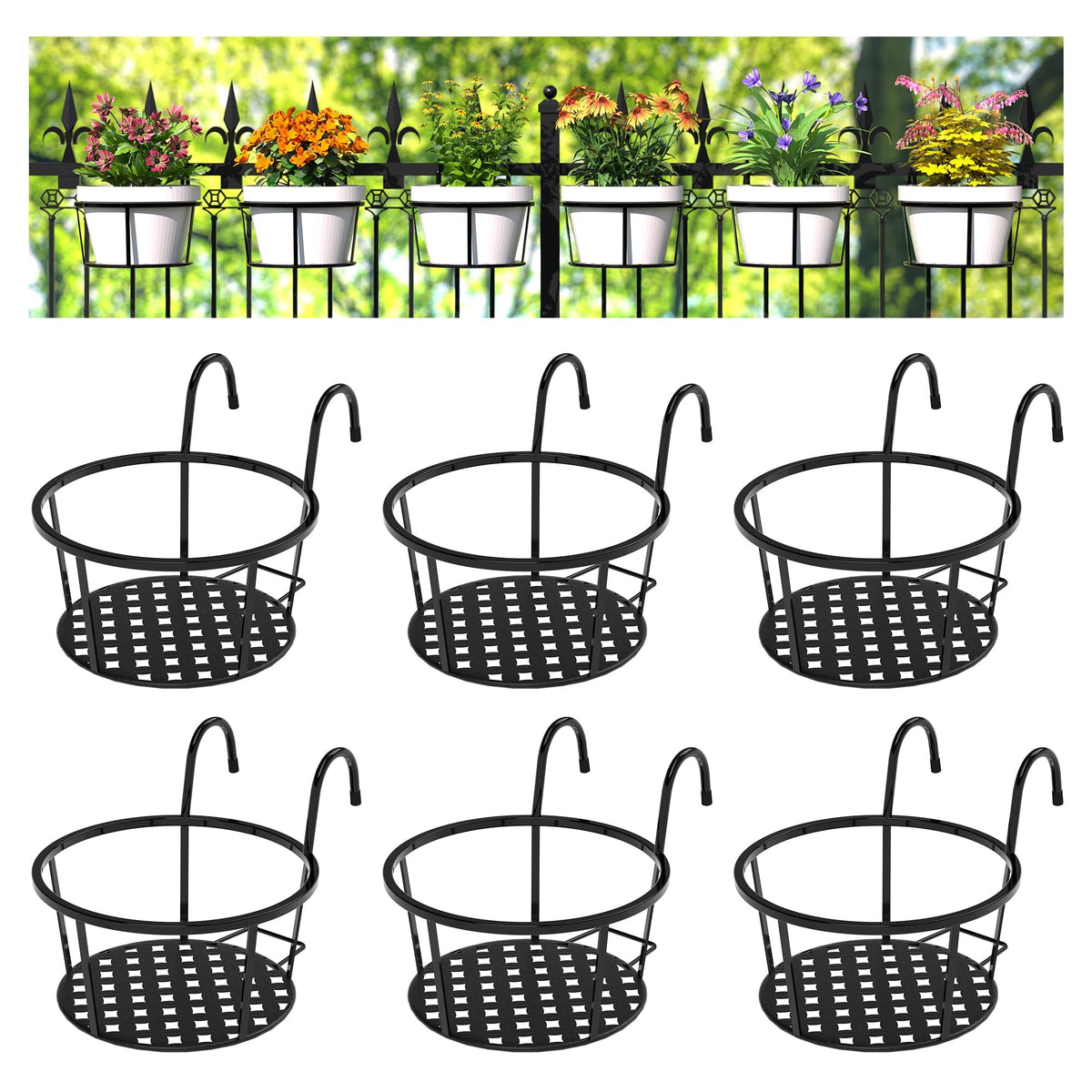CADANI front view of six black metal rail planters showing neat uniform display and curb appeal