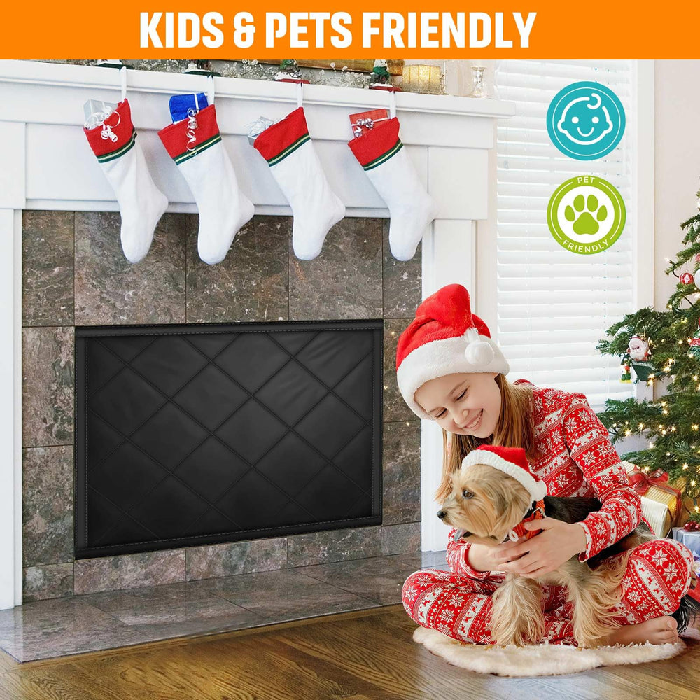 CADARA blocking fireplace entrance with child and pet in frame, added safety