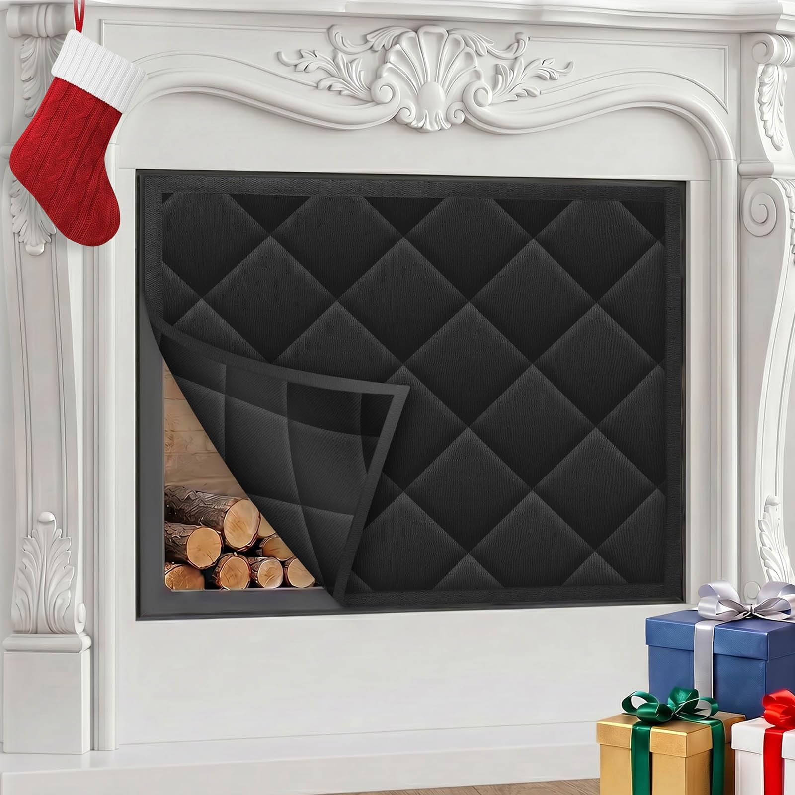 CADARA front view of blanket covering fireplace, reduces drafts