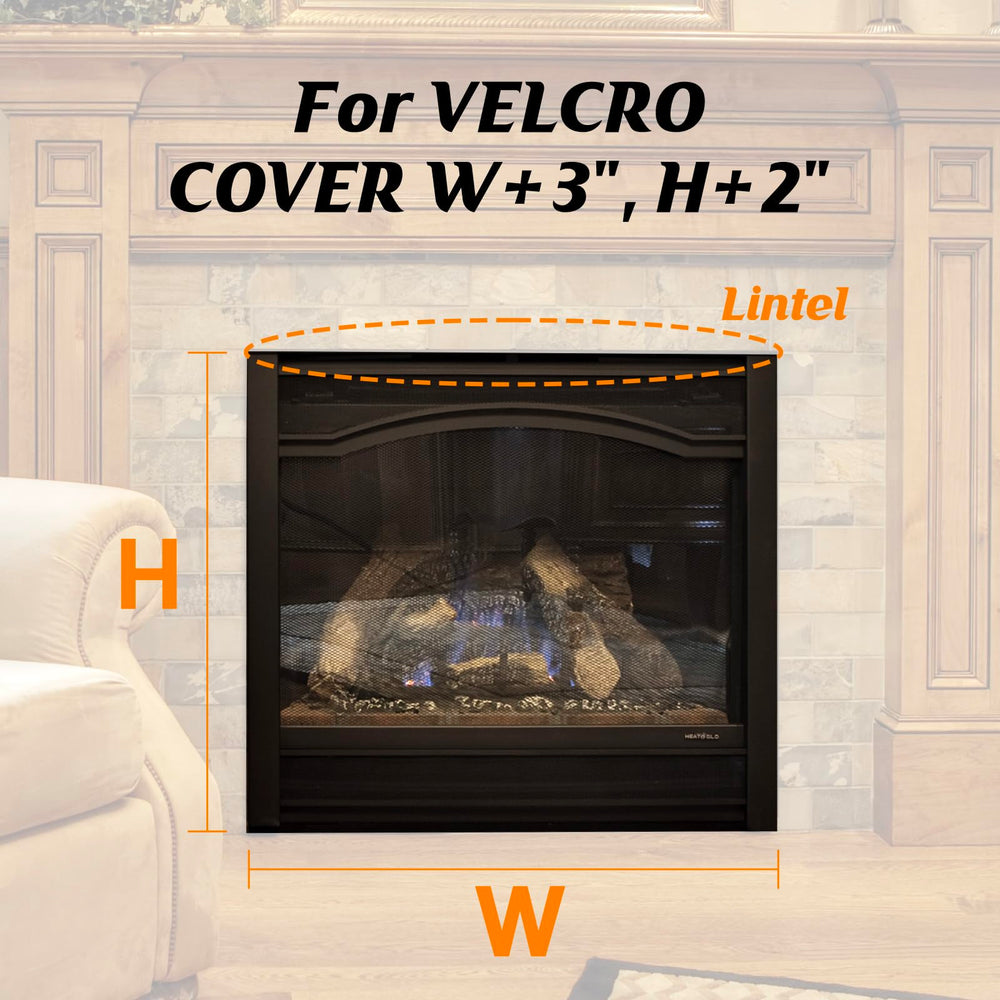 CADARA fireplace cover with measuring tape showing 45x34 inches, fit guidance
