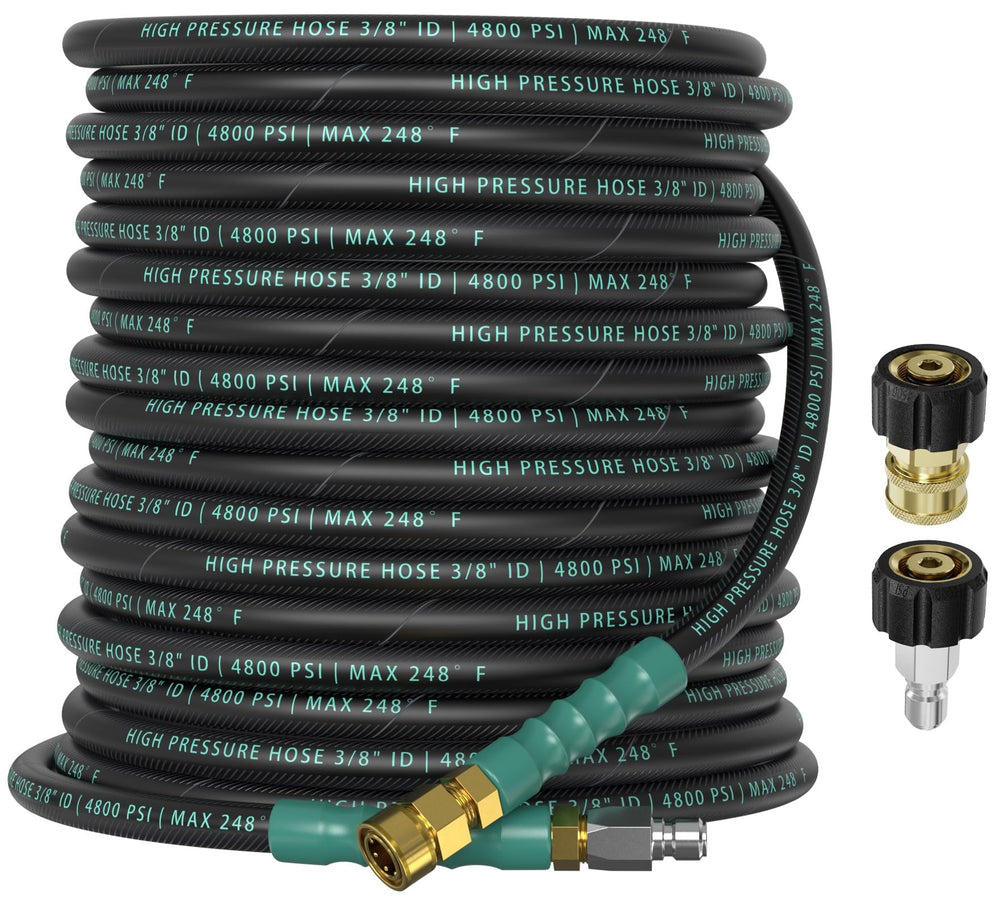 CADEGUO coiled 50ft pressure washer hose showing compact storage and fast deployment