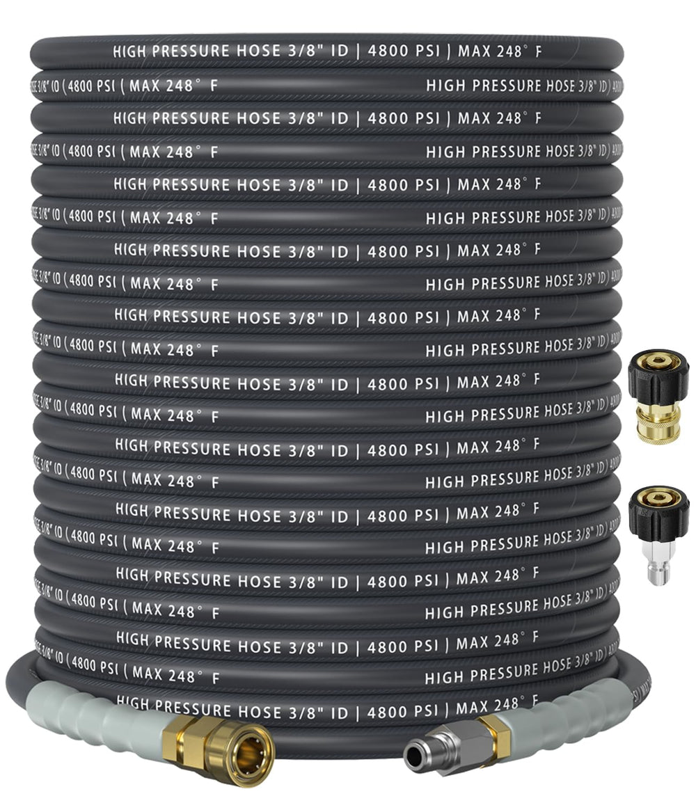 CADEGUO front view of 100ft pressure washer hose showing full-length benefit