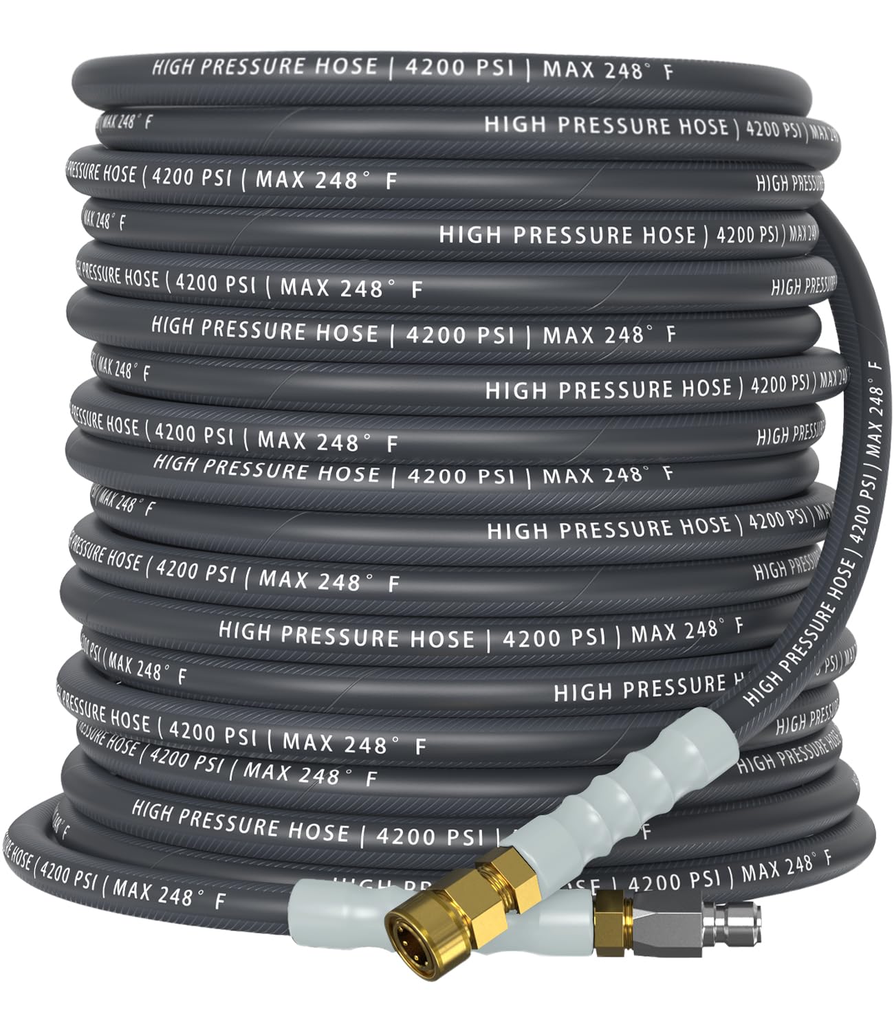 CADEGUO front view of packaged 50 ft pressure washer hose shows product and benefits