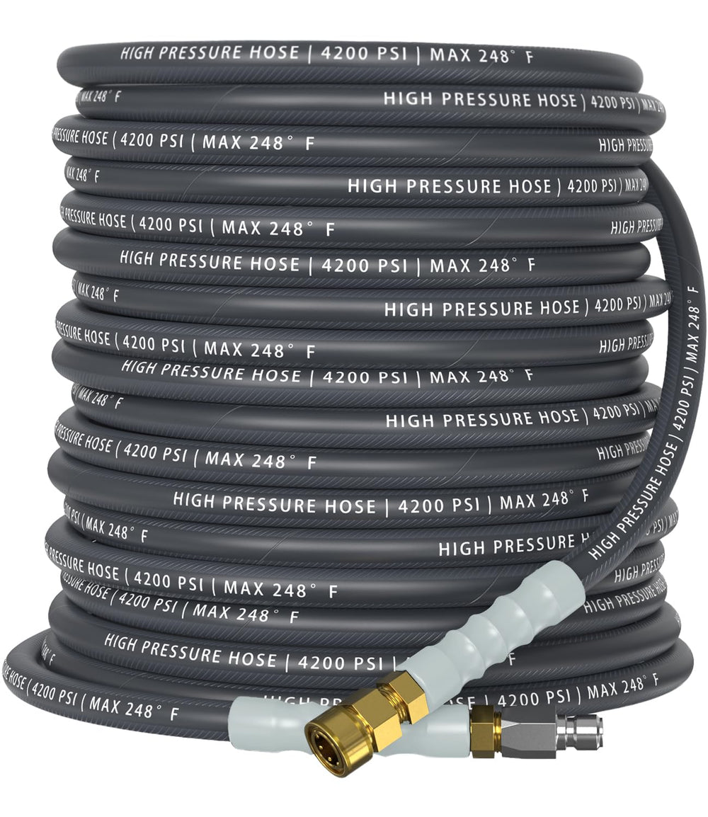 CADEGUO front view of packaged 50 ft pressure washer hose shows product and benefits