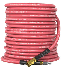 CADEGUO coiled red pressure washer hose showing compact storage and quick deployment benefit