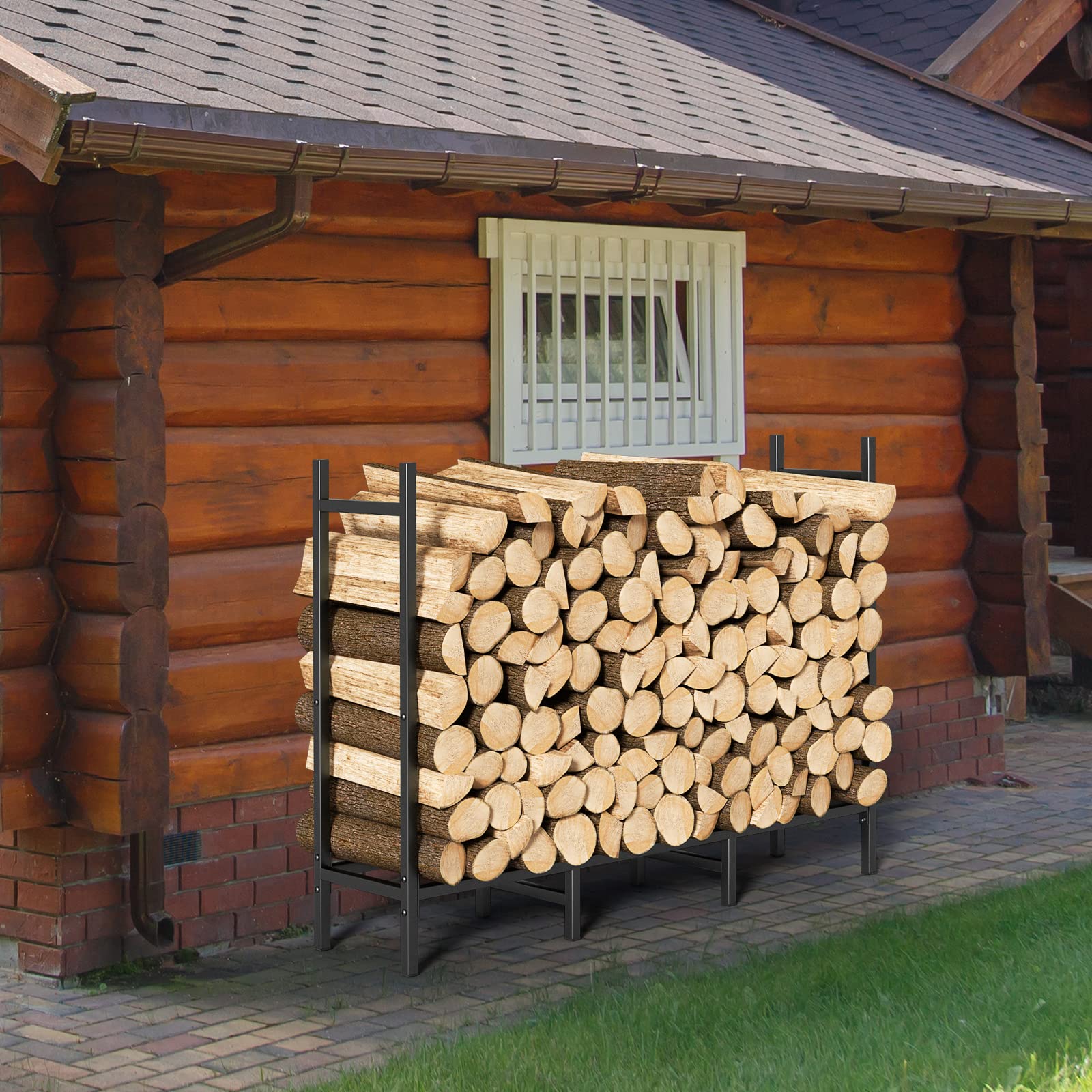CADUKE rack filled with split logs illustrating large 49.1 inch capacity and organized storage