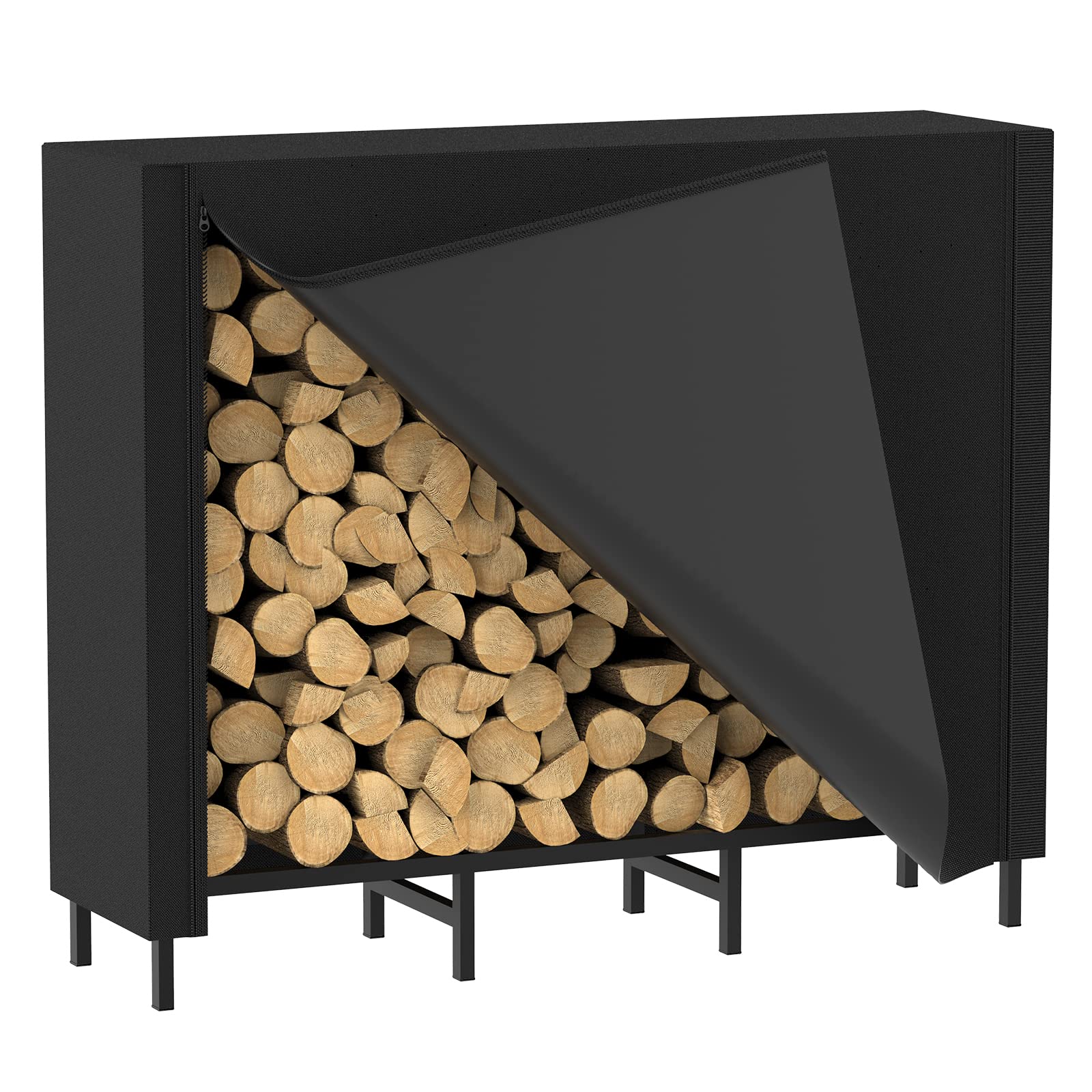 CADUKE firewood rack front view showing covered top and neat log storage benefit dry wood