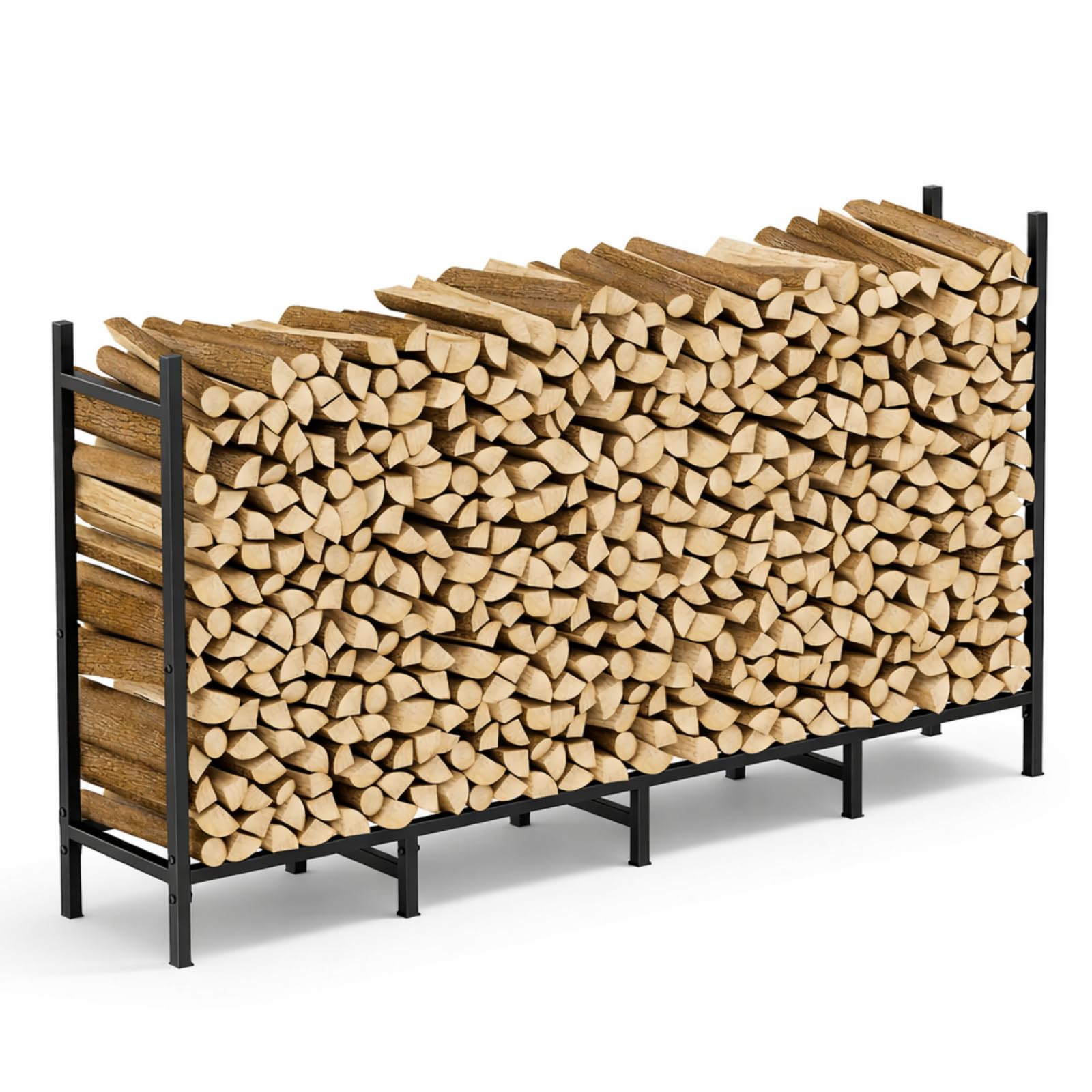 CADUKE front view of firewood rack showing sturdy wide base and tidy wood stack benefit