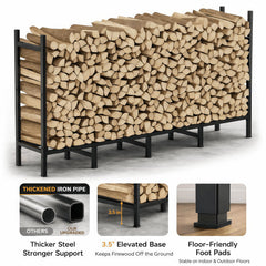 CADUKE rack beside outdoor firepit storing logs neatly for easy access while entertaining