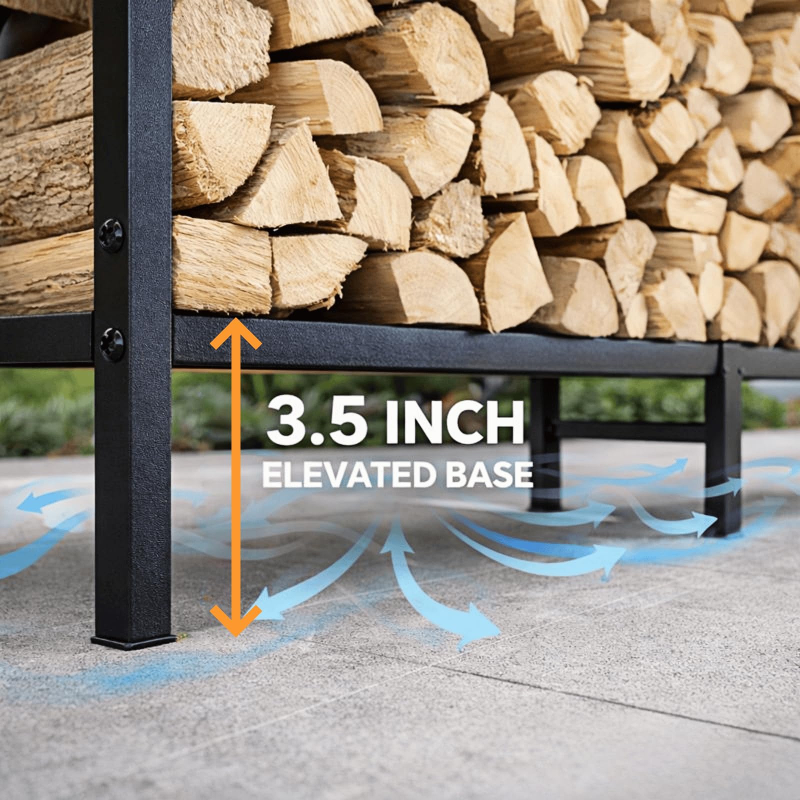 CADUKE rack loaded with split logs to show scale and heavy load-bearing capacity