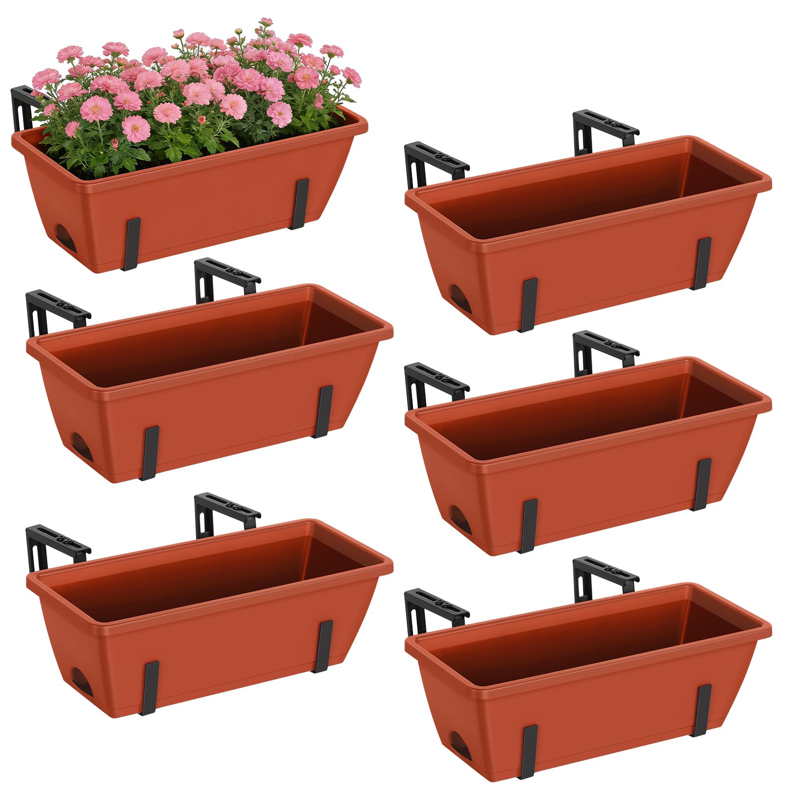 CADUKE front view of six red planter boxes showing neat organized display and curb appeal