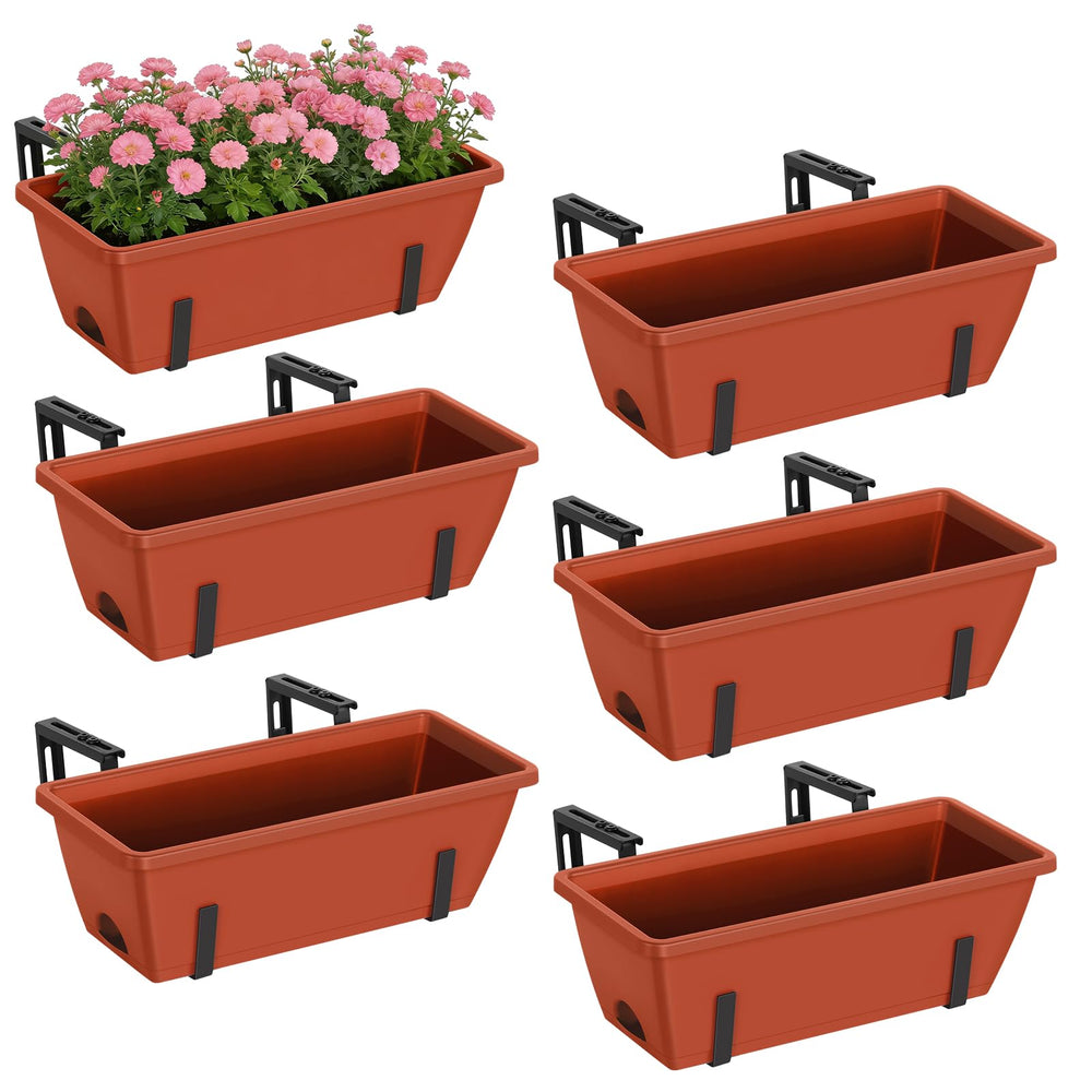 CADUKE front view of six red planter boxes showing neat organized display and curb appeal