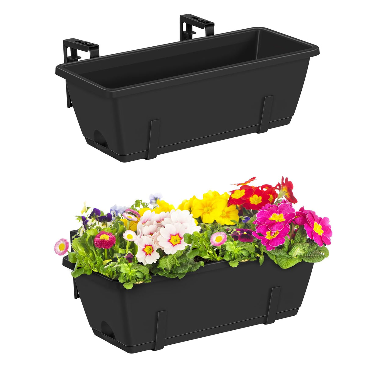 CADUKE front view of two black railing planter boxes showing tidy appearance and space-saving benefit
