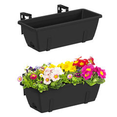 CADUKE front view of two black railing planter boxes showing tidy appearance and space-saving benefit