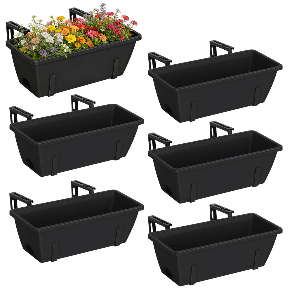 CADUKE front view of six black railing planter boxes showing clean uniform look and curb appeal