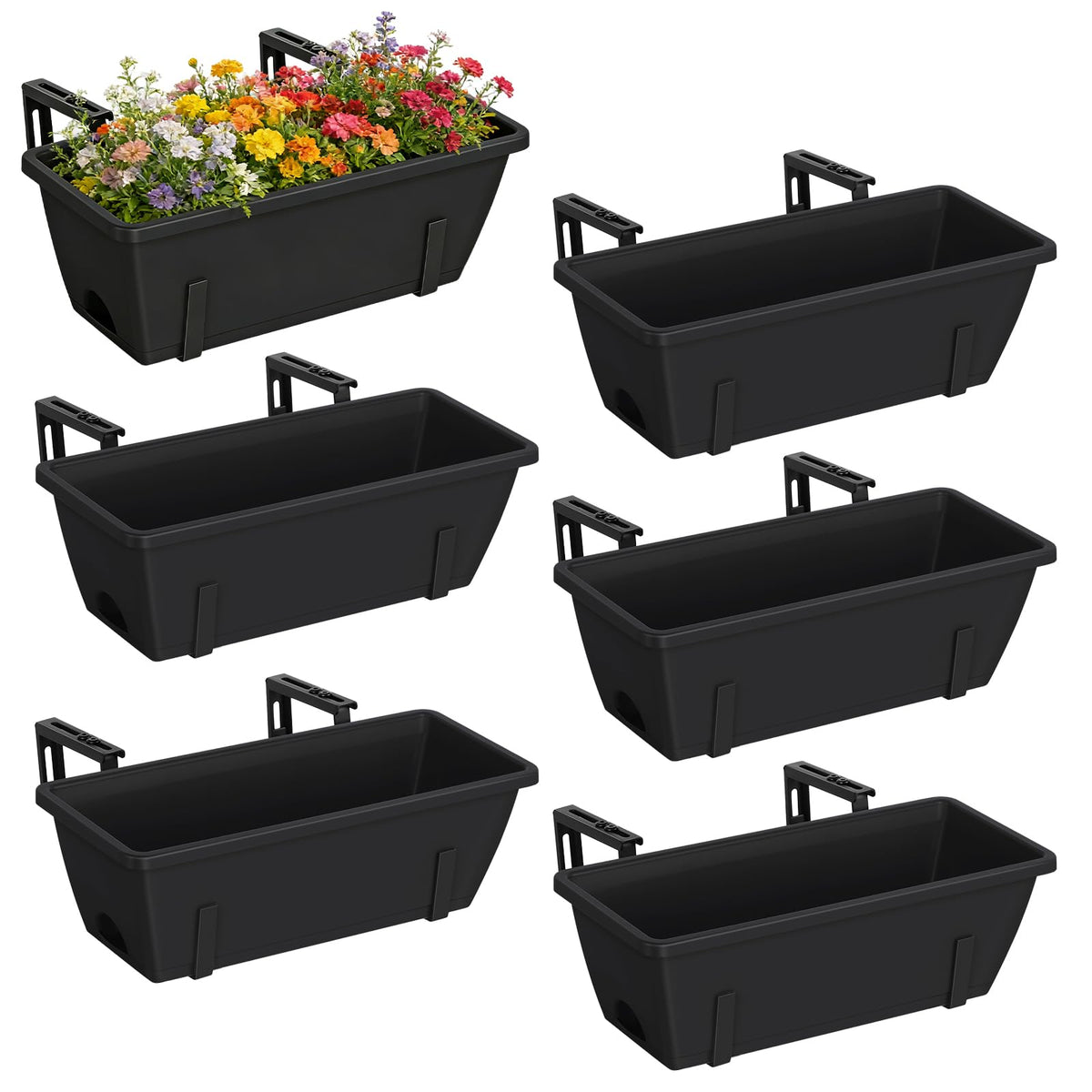 CADUKE front view of six black railing planter boxes showing clean uniform look and curb appeal