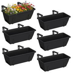 CADUKE front view of six black railing planter boxes showing clean uniform look and curb appeal