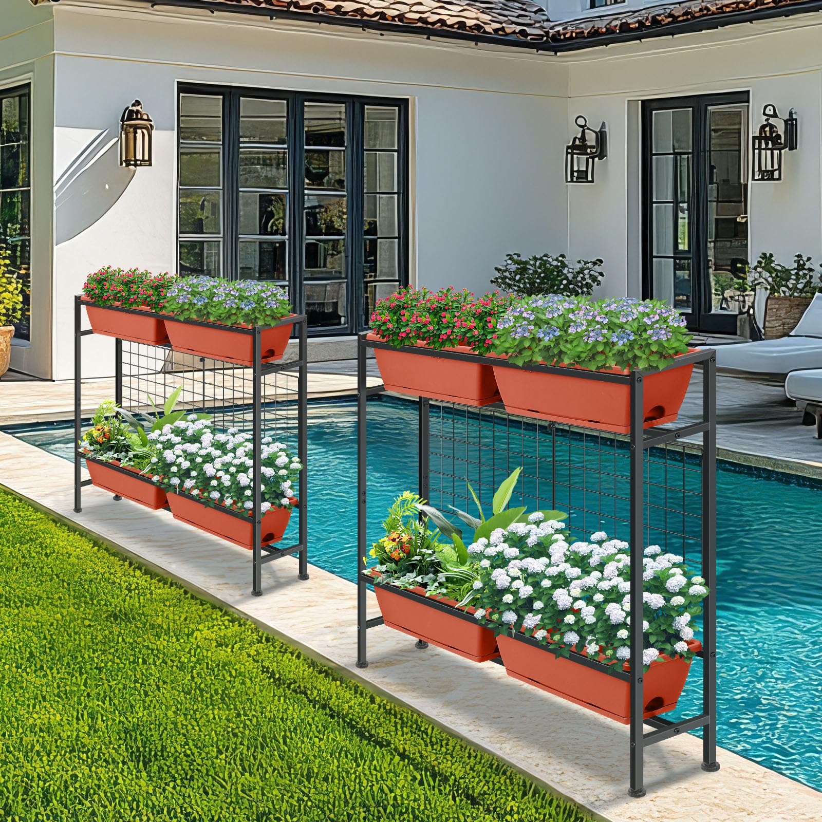 CADUKE lifestyle patio display showing red planter enhancing outdoor decor