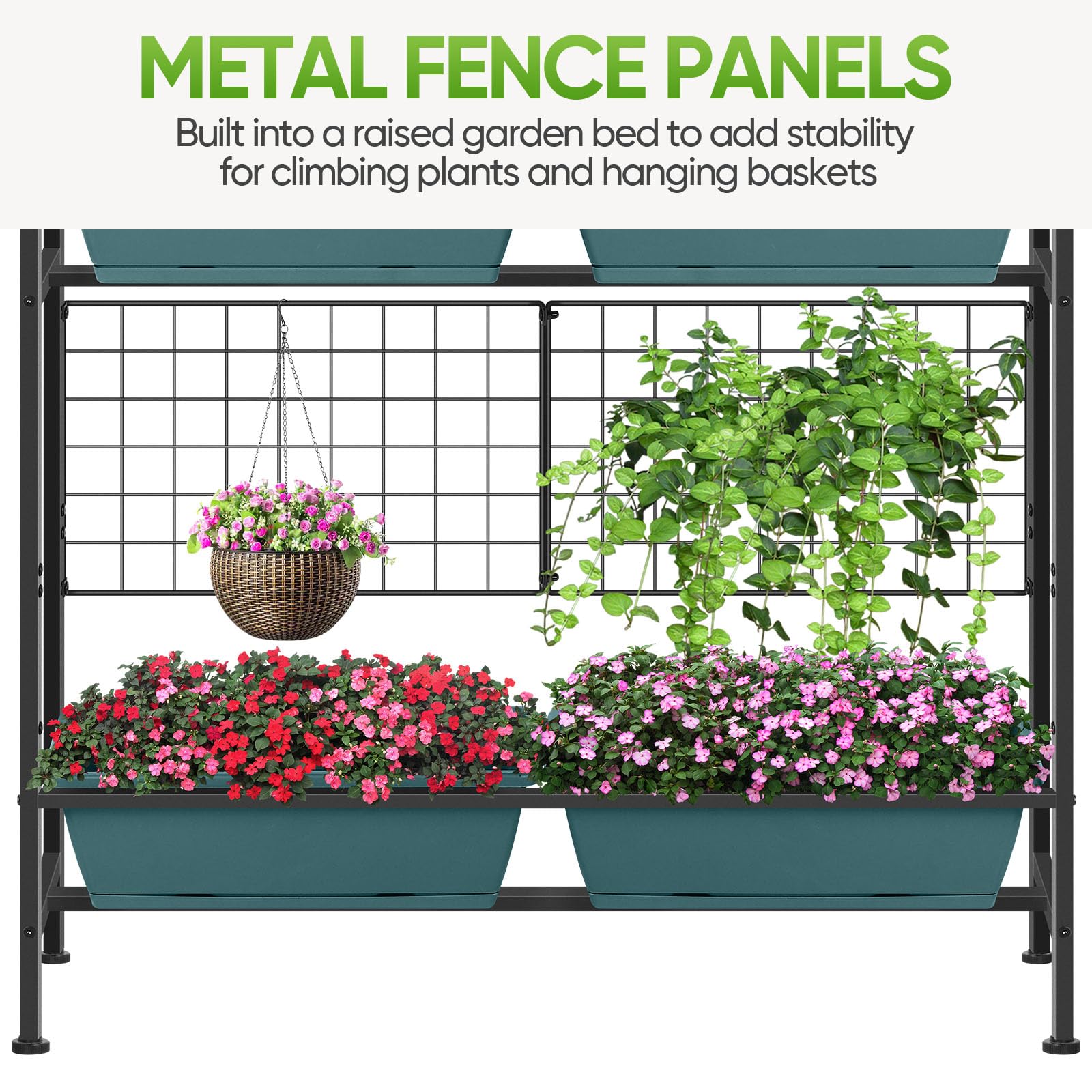 CADUKE metal trellis detail supporting climbing plants and hanging pots