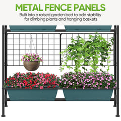 CADUKE metal trellis detail supporting climbing plants and hanging pots