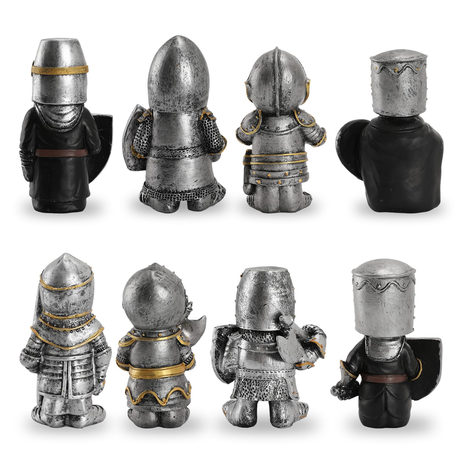 CAFELE display of multiple knight gnomes showing color variations to personalize garden displays