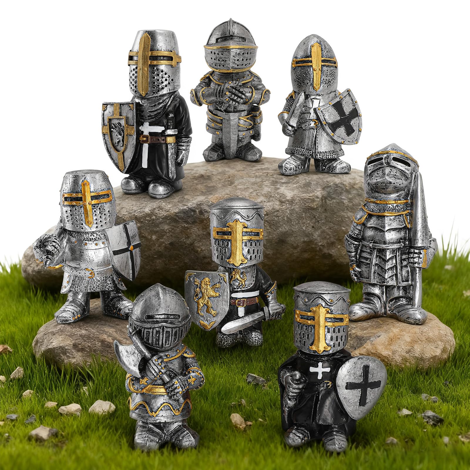 CAFELE front view of eight knight gnomes set showing armor variety and vibrant finish for decorative curb appeal