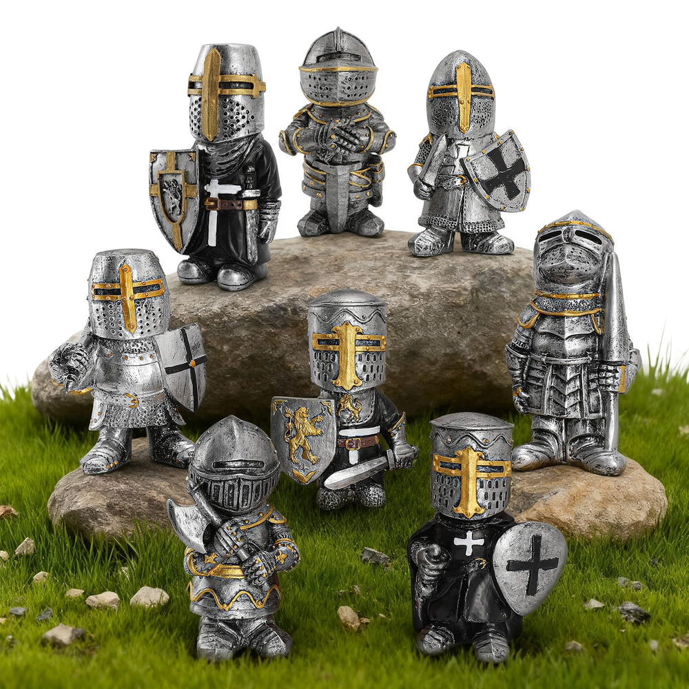 CAFELE front view of eight knight gnomes set showing armor variety and vibrant finish for decorative curb appeal