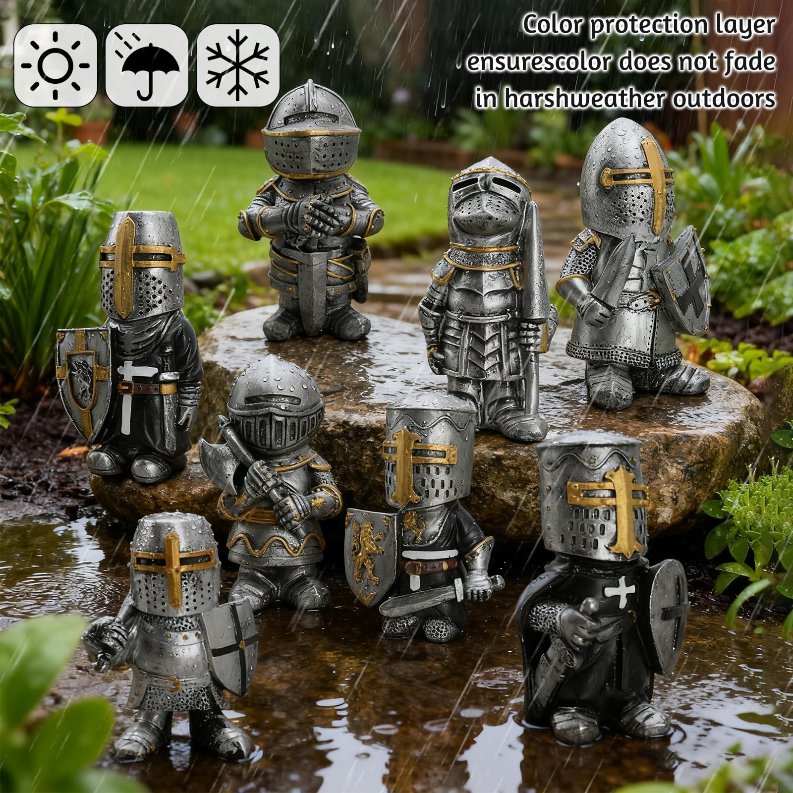 CAFELE knight gnomes nestled in flowerbed offering whimsical focal points and seasonal interest