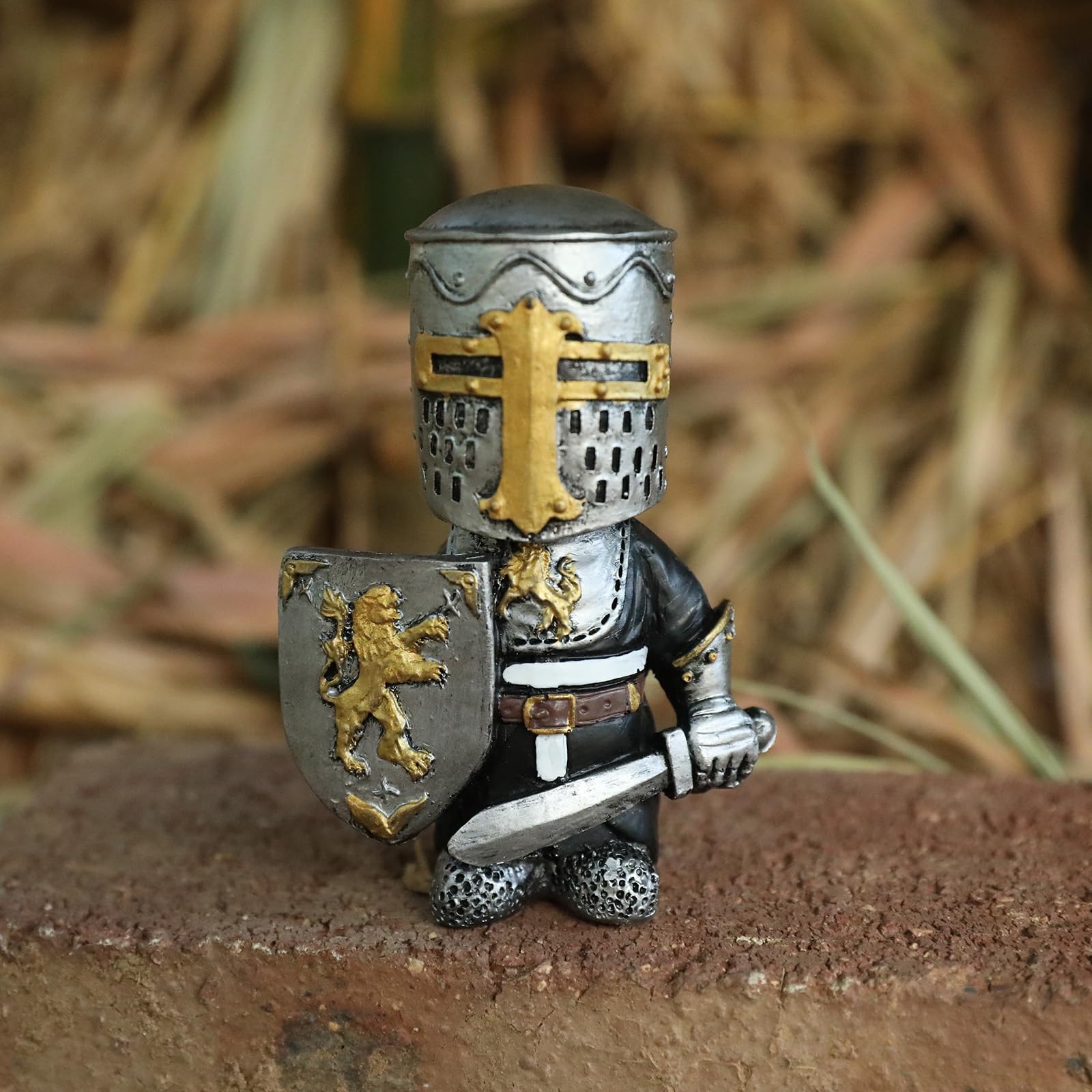 CAFELE lifestyle shot of knight gnomes in a garden scene creating themed medieval ambiance
