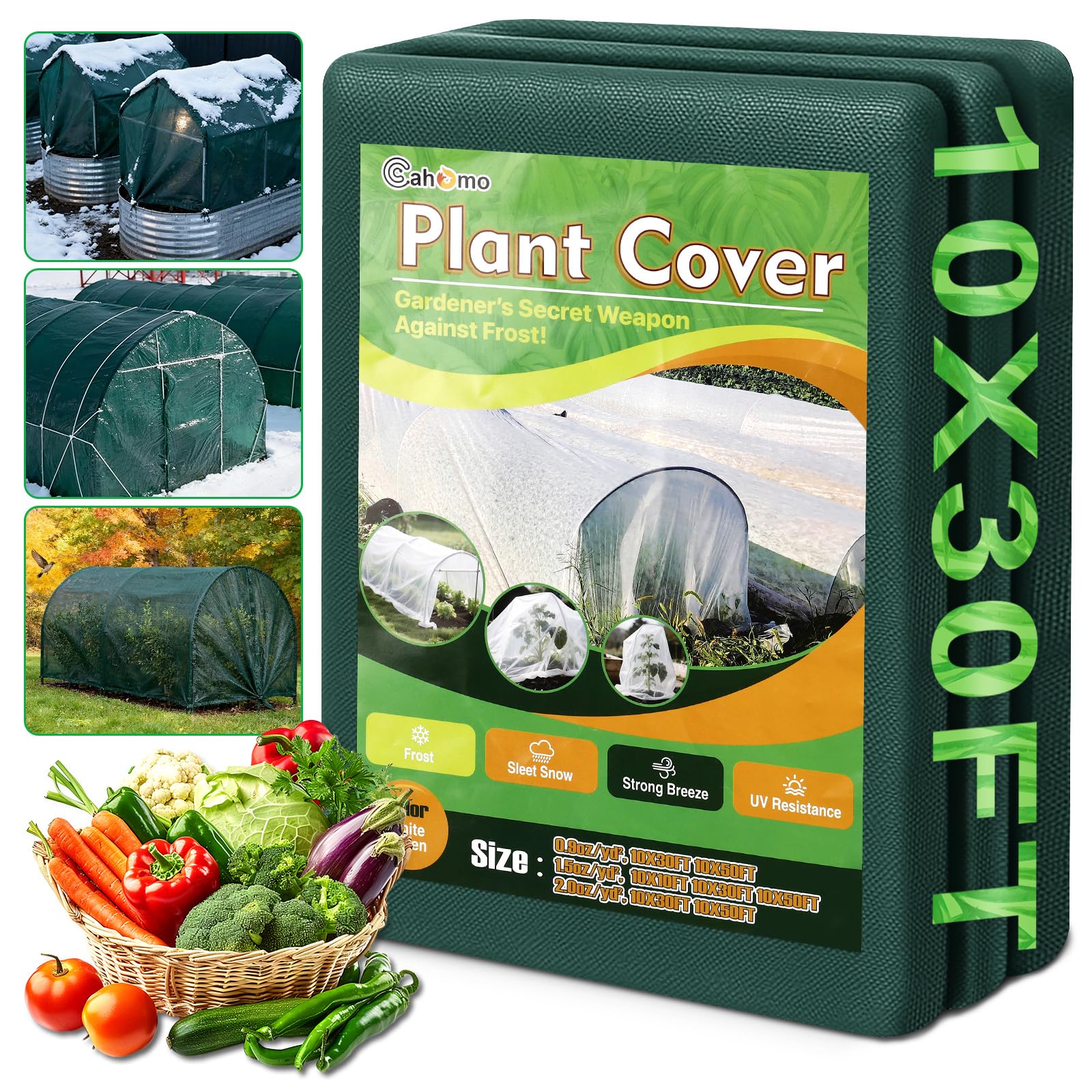 Cahomo front view of folded 10x30 ft cover showing size and label, protects plants